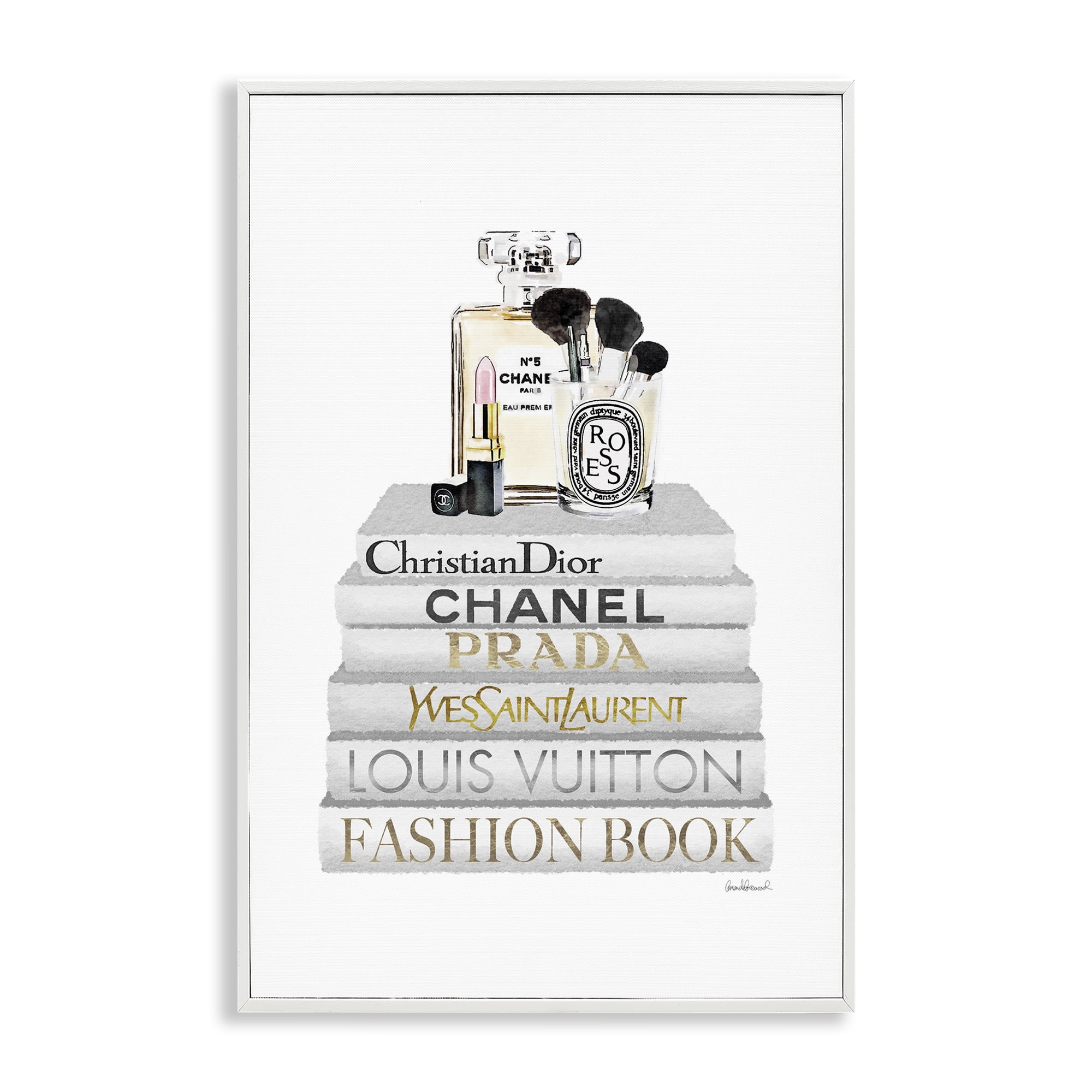 Stupell Industries Neat Bookstack with Makeup Fashion Painting White Framed Art Print Wall Art, 16 x 24