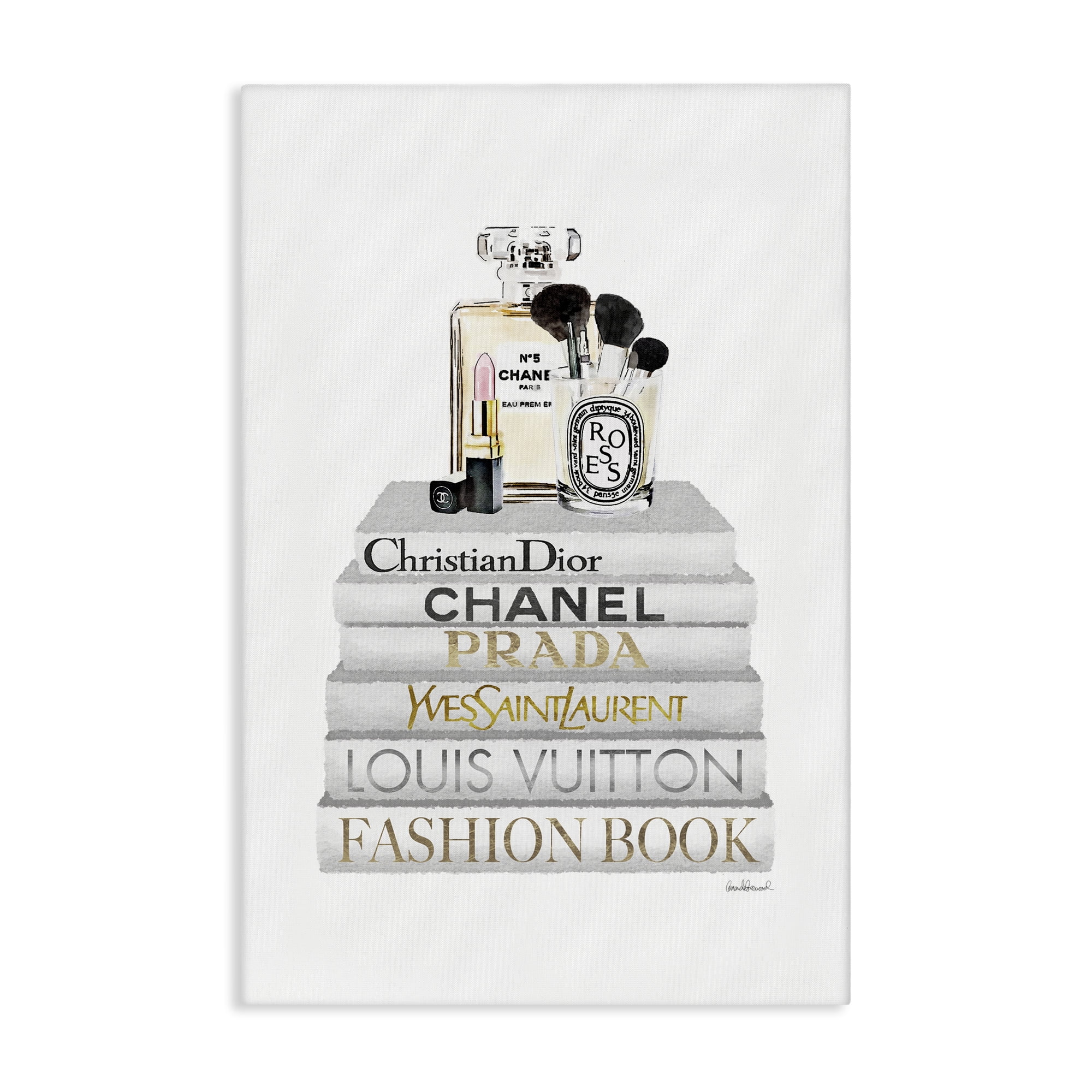 Stupell Industries Neat Bookstack with Makeup Fashion Painting Wrapped Canvas Art Print Wall Art, 16 x 24