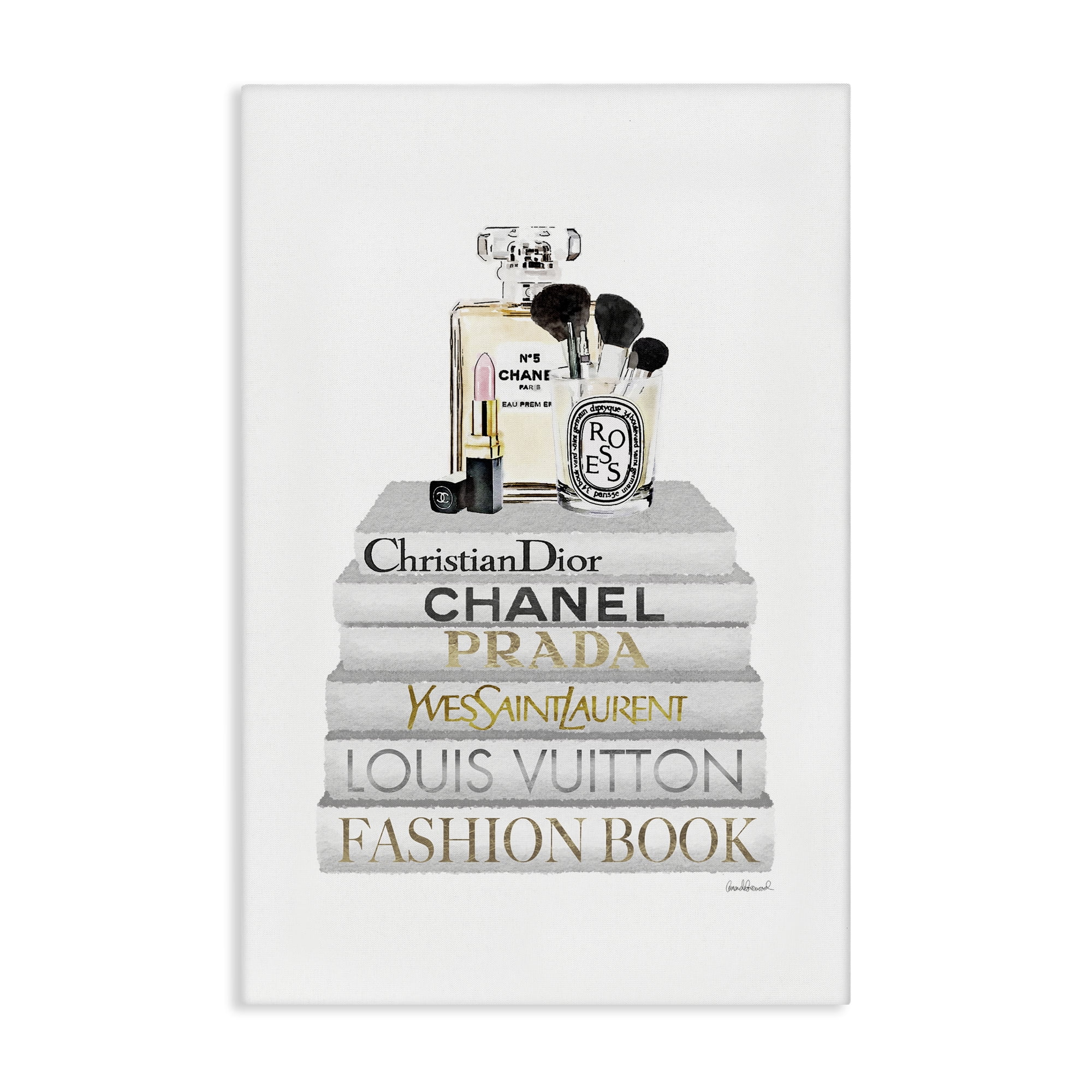Stupell Industries Neat Bookstack with Makeup Fashion Painting Wrapped Canvas Art Print Wall Art, 24 x 36