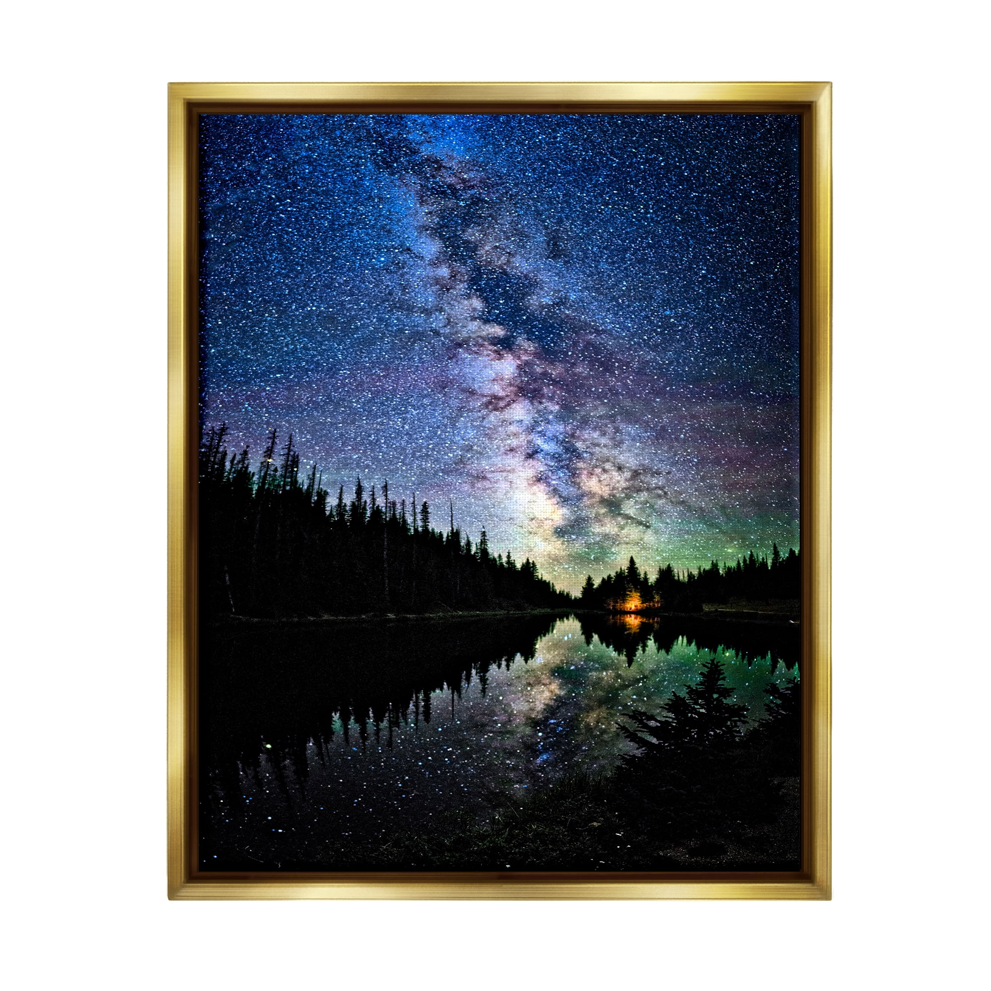 Stupell Industries Nebula Over Lake Landscape Nature Photography Gold Floater Framed Art Print Wall Art, 17 x 21