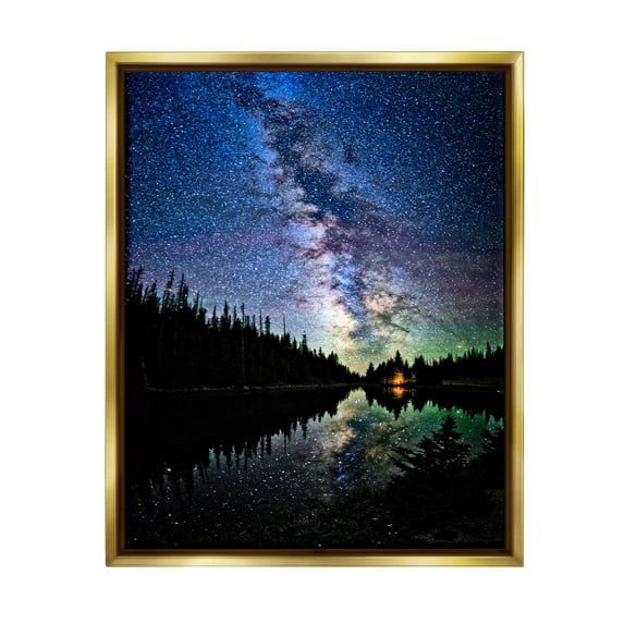 Stupell Industries Nebula Over Lake Landscape Nature Photography Gold Floater Framed Art Print Wall Art, 25 x 31