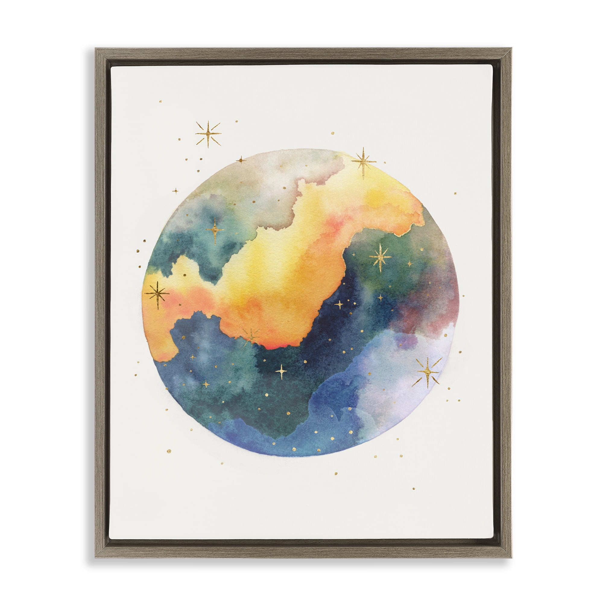 Stupell Industries Nebula & Stars Watercolor STEM Painting Brown Floater Framed Canvas Art Print Wall Art, 17 x 21