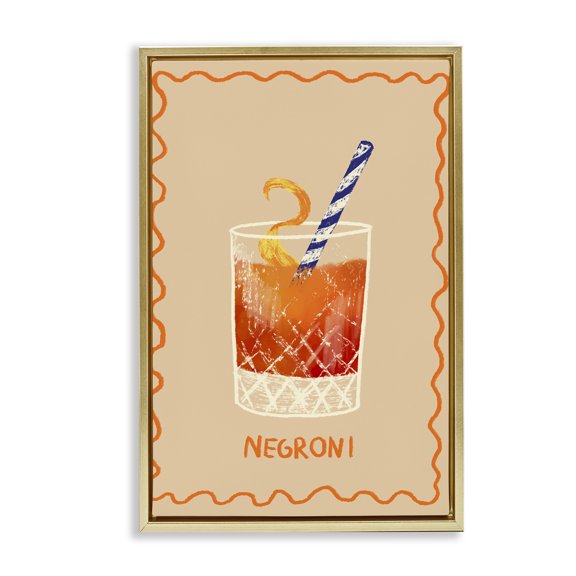 Stupell Industries Negroni with Striped Straw Food & Beverage Painting Gold Floater Framed Canvas Art Print Wall Art, 17 x 25