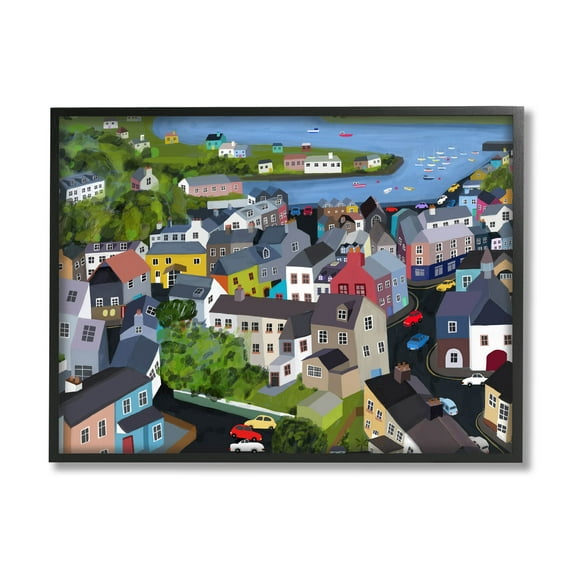 Stupell Industries Neighborhood Houses River Architecture Graphic Art Black Framed Art Print Wall Art, Design by Carla Daly