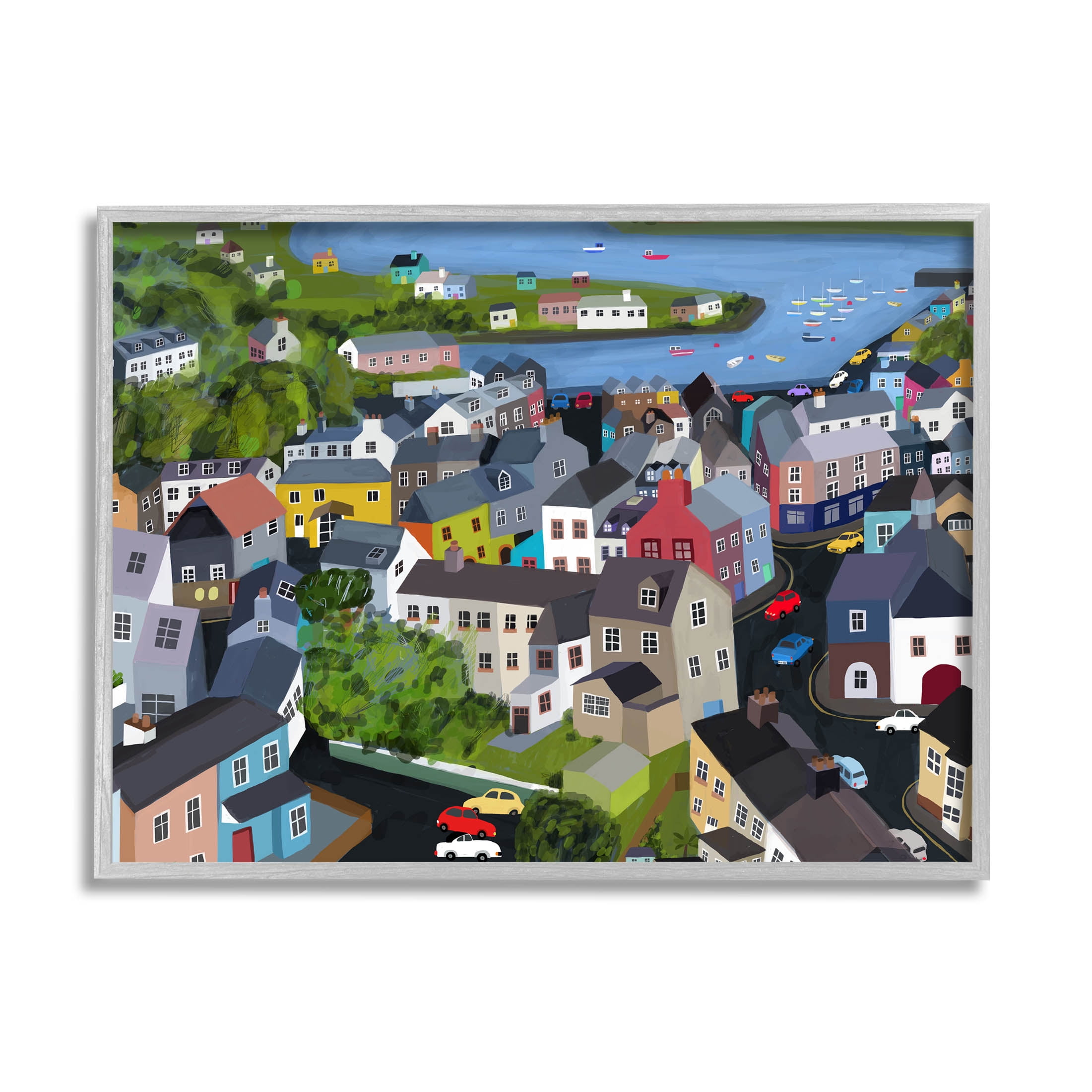 Stupell Industries Neighborhood Houses River Architecture Graphic Art Gray Framed Art Print Wall Art, Design by Carla Daly