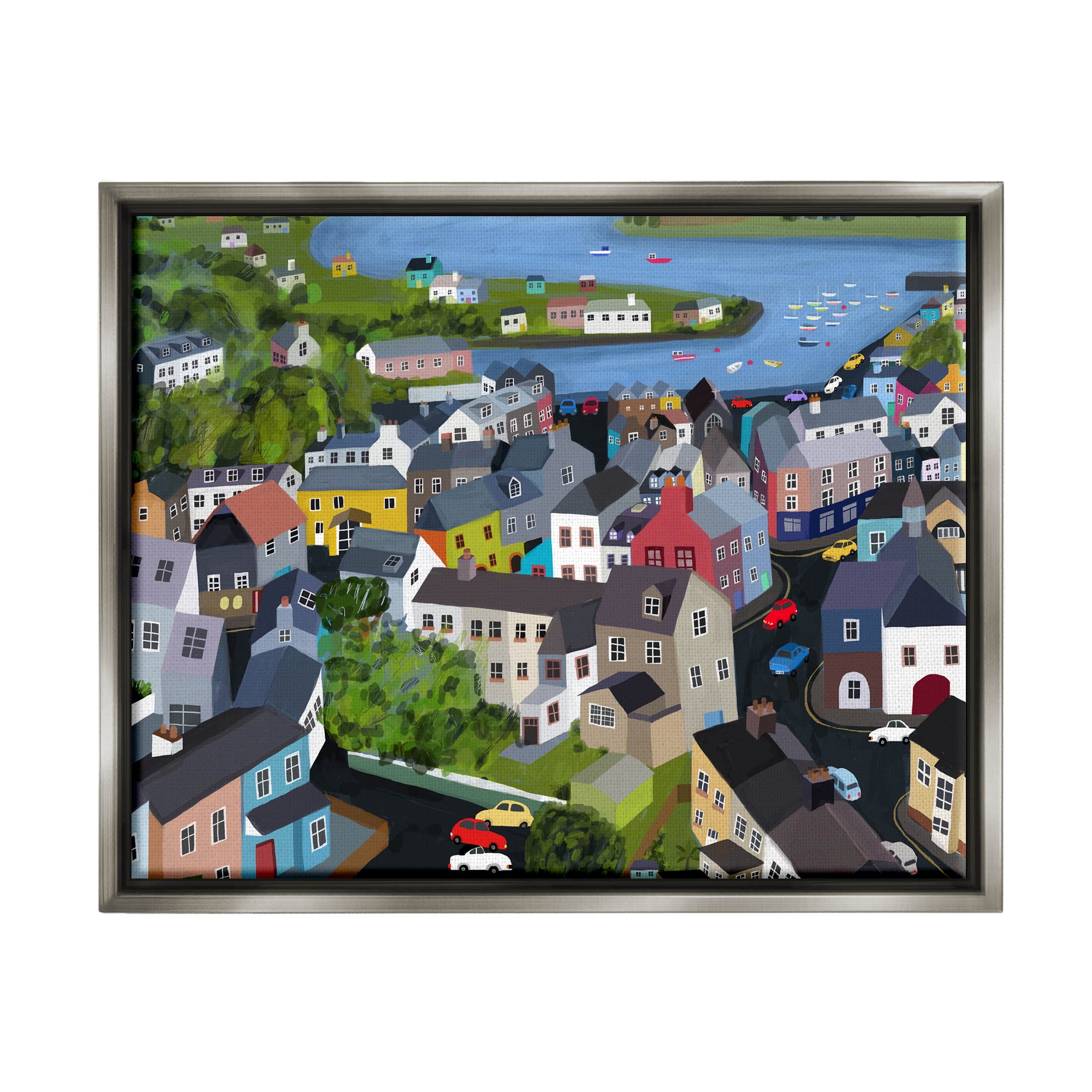 Stupell Industries Neighborhood Houses River Architecture Graphic Art Luster Gray Floating Framed Canvas Print Wall Art, Design by Carla Daly