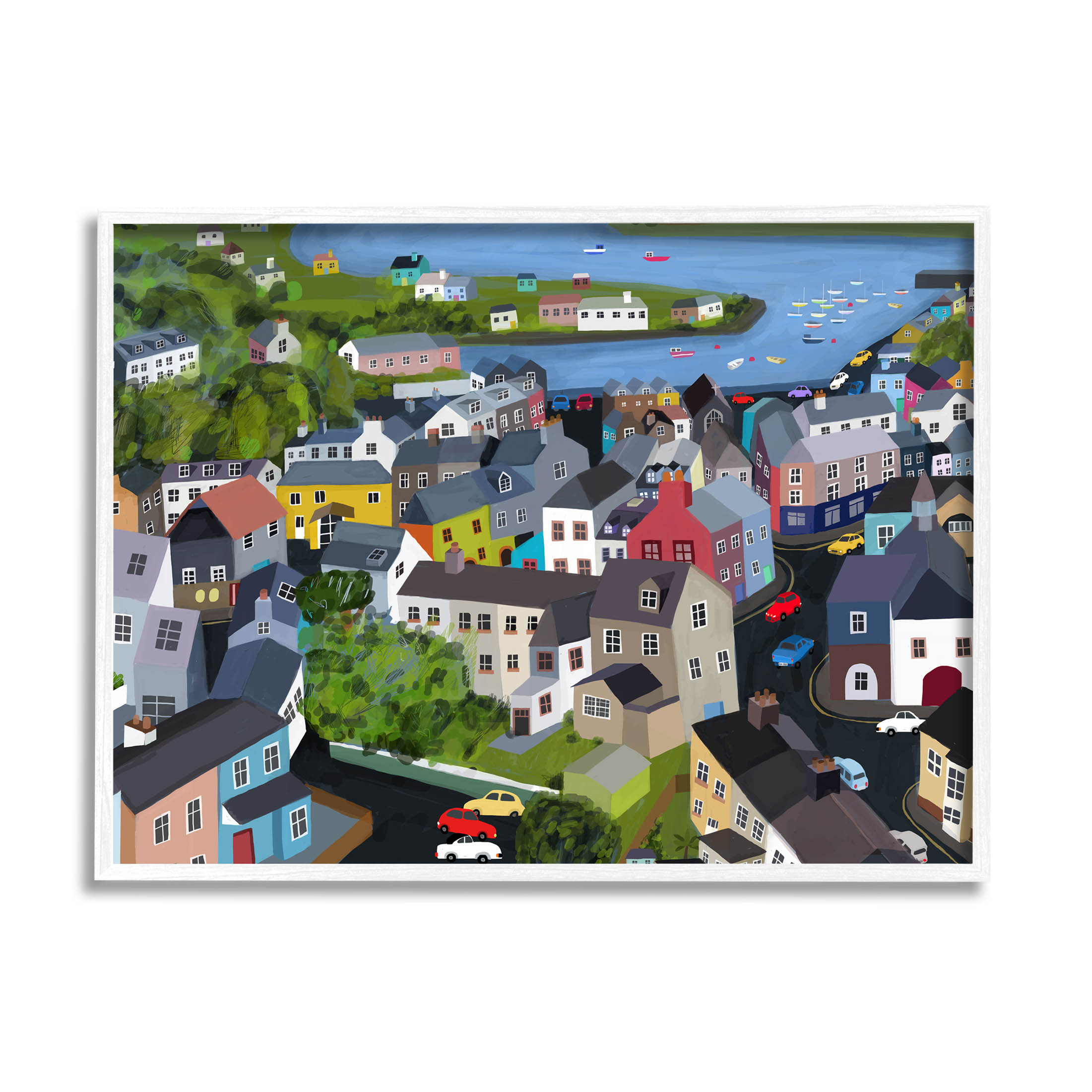 Stupell Industries Neighborhood Houses River Architecture Graphic Art White Framed Art Print Wall Art, Design by Carla Daly