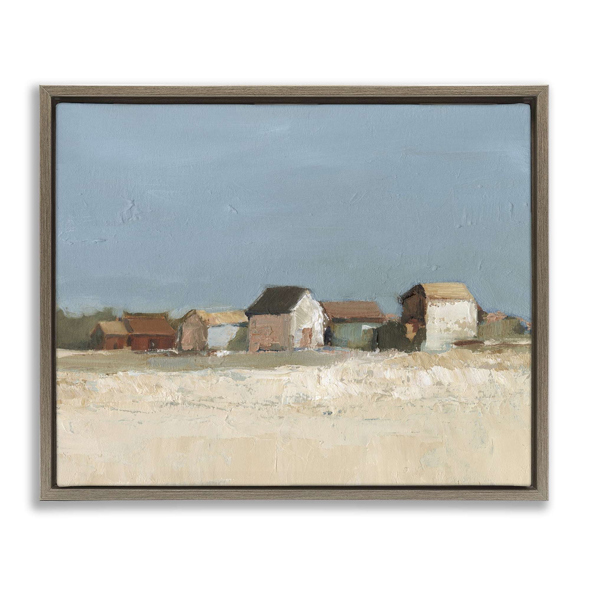 Stupell Industries Neighborhood in Distance Landscape & Nature Painting Brown Floater Framed Canvas Art Print Wall Art, 31 x 25