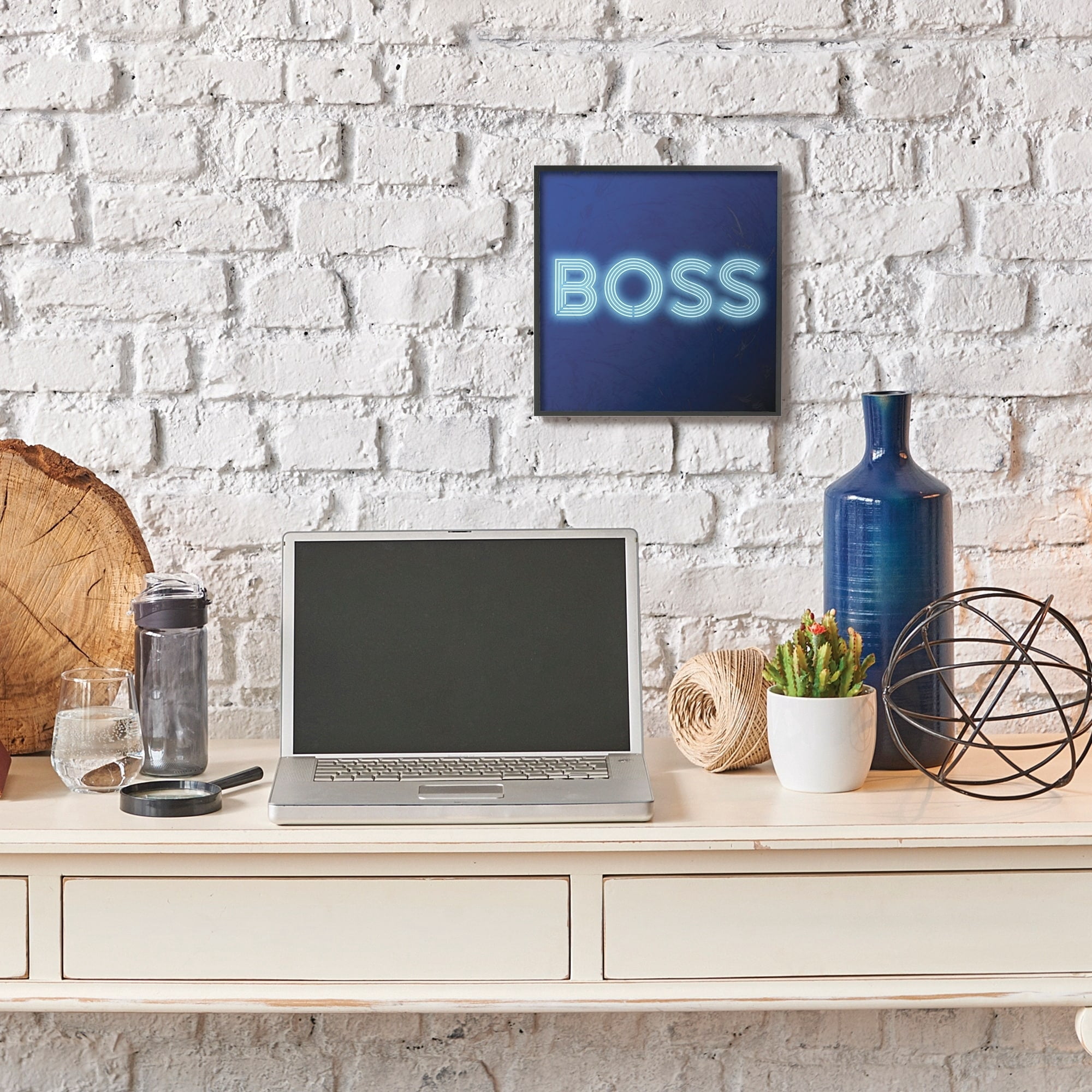 Stupell Industries Neon Boss Fashion Modern Blue Word Design Framed Giclee Texturized Art by Dawn Vietro