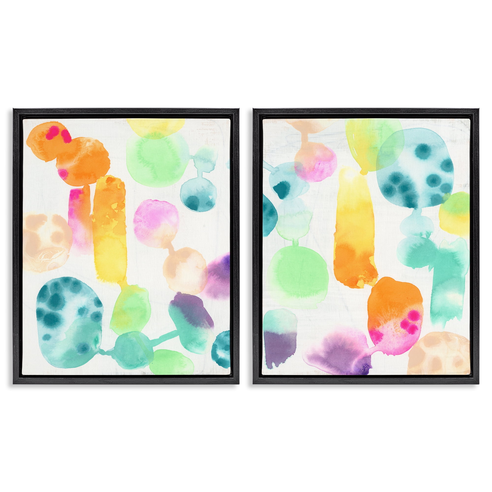 Stupell Industries Neon Colorful Abstract Shapes Abstract Painting Black Floater Framed Canvas Art Print Wall Art, 17 x 21, Set of 2