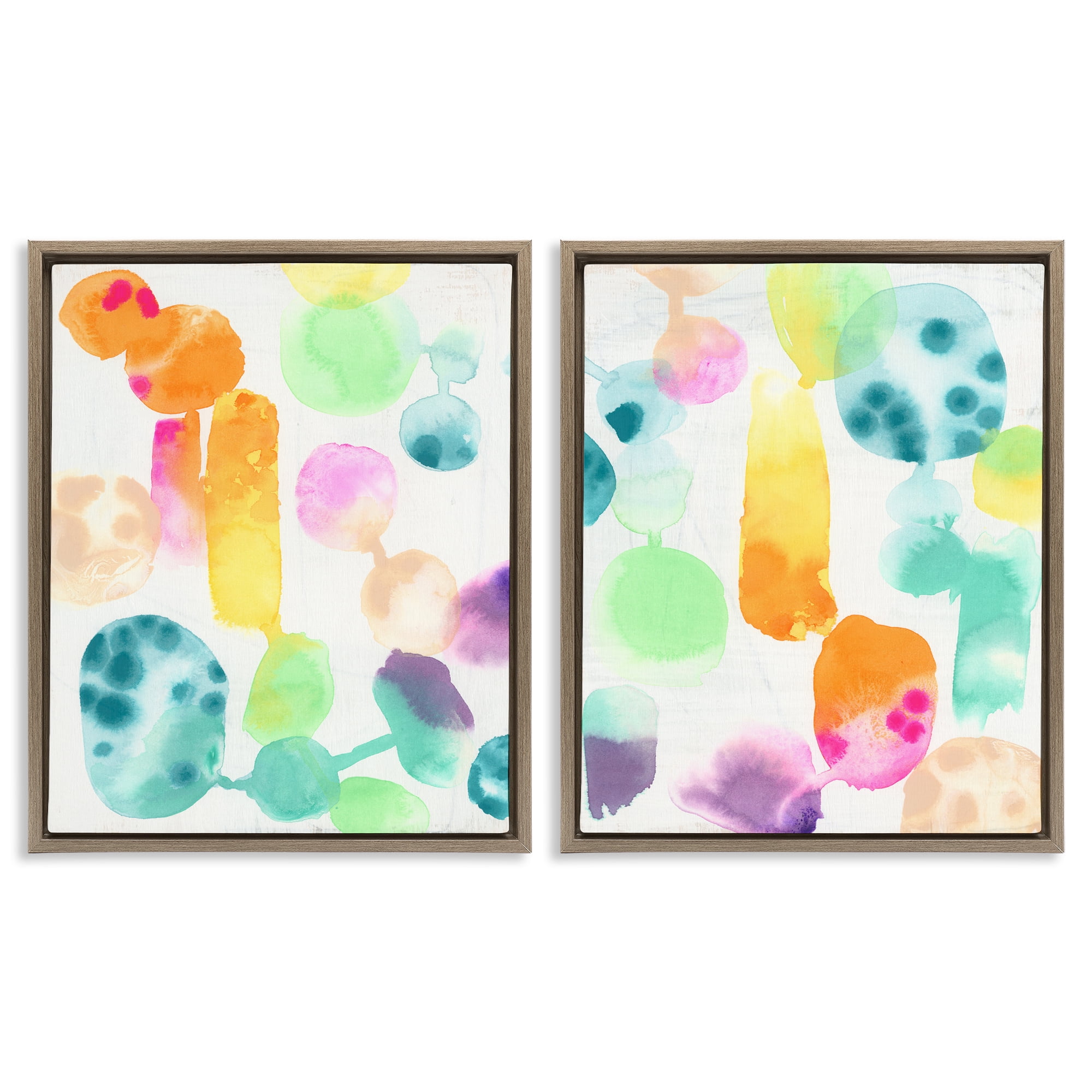 Stupell Industries Neon Colorful Abstract Shapes Abstract Painting Brown Floater Framed Canvas Art Print Wall Art, 17 x 21, Set of 2