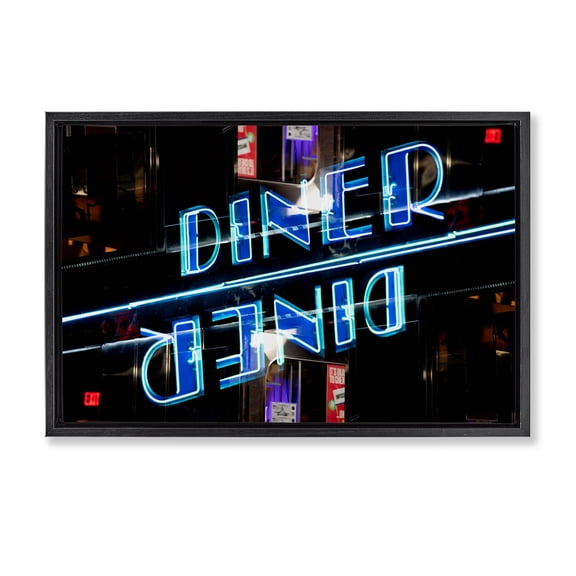 Stupell Industries Neon Diner Sign Reflection Black Framed Floater Canvas Wall Art design by Robin Vandenabeele, 21 x 31
