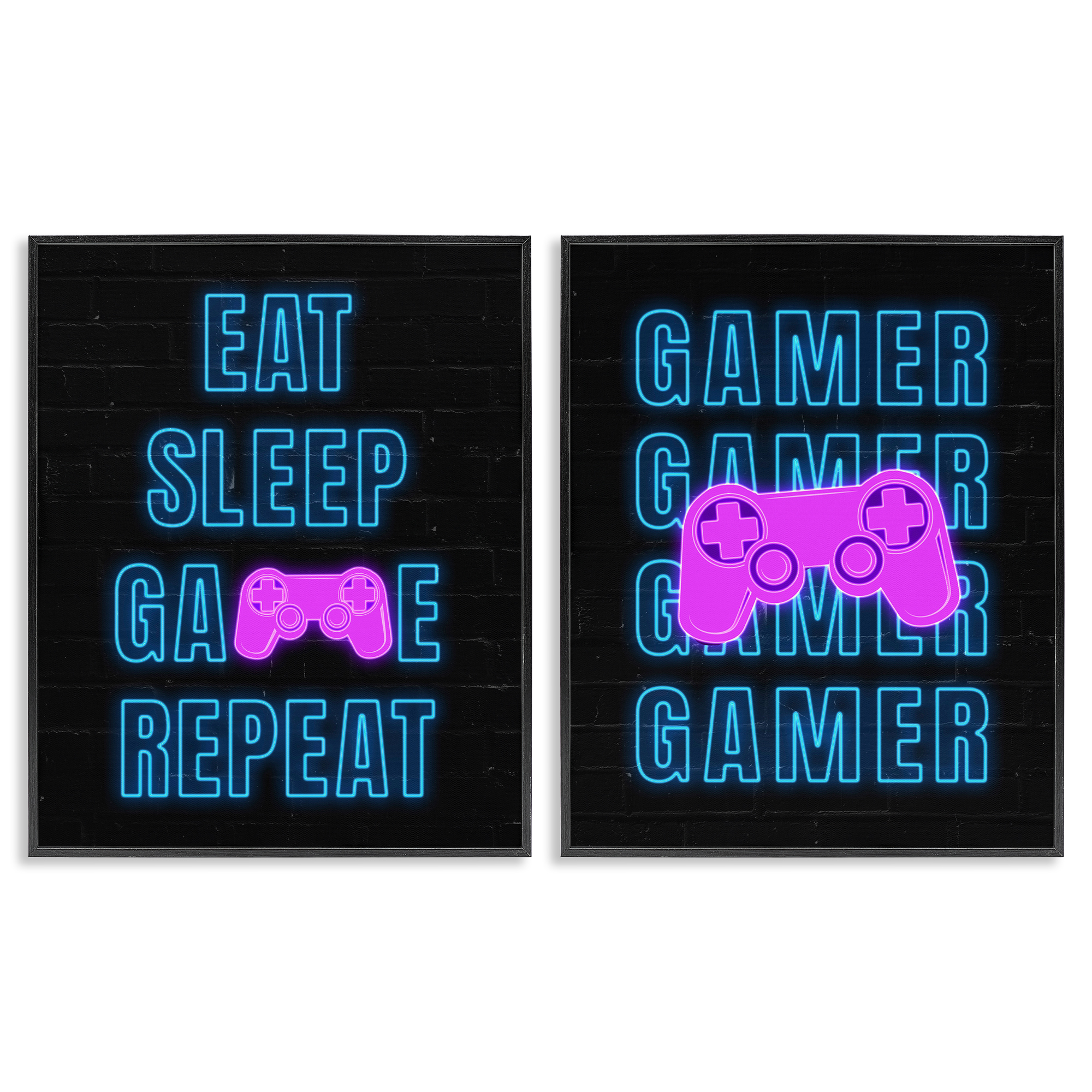 Stupell Industries Neon Gamer Eat Sleep Entertainment Painting Black Framed Art Print Wall Art, 11 x 14, Set of 2