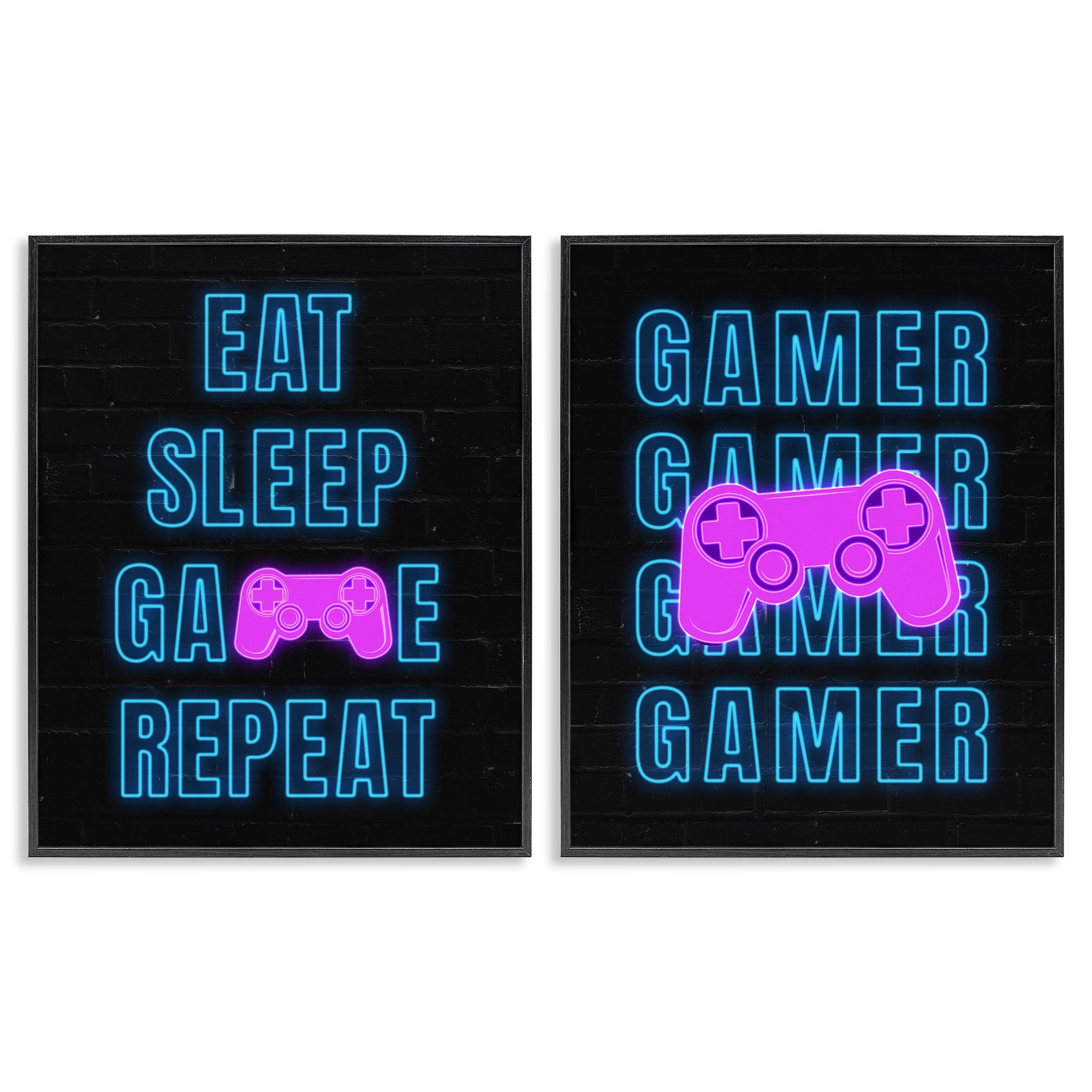 Stupell Industries Neon Gamer Eat Sleep Entertainment Painting Black Framed Art Print Wall Art, 24 x 30, Set of 2