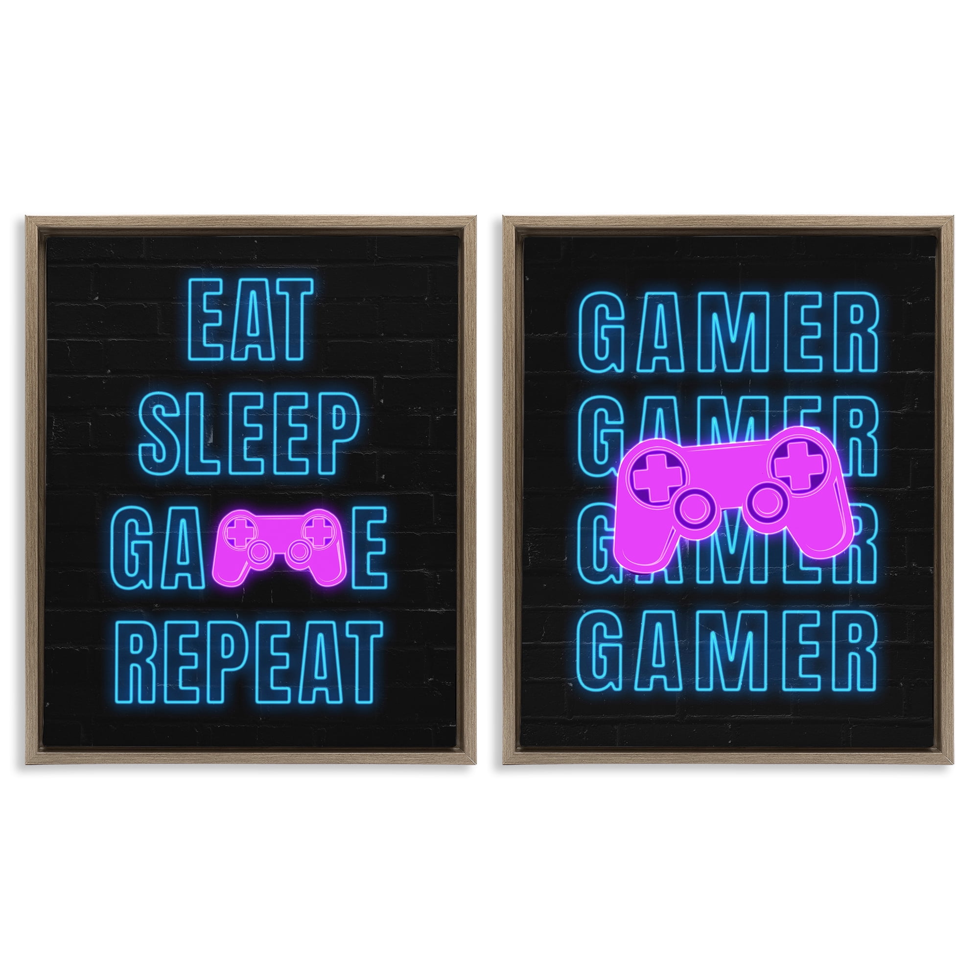 Stupell Industries Neon Gamer Eat Sleep Entertainment Painting Brown Floater Framed Canvas Art Print Wall Art, 31 x 25, Set of 2