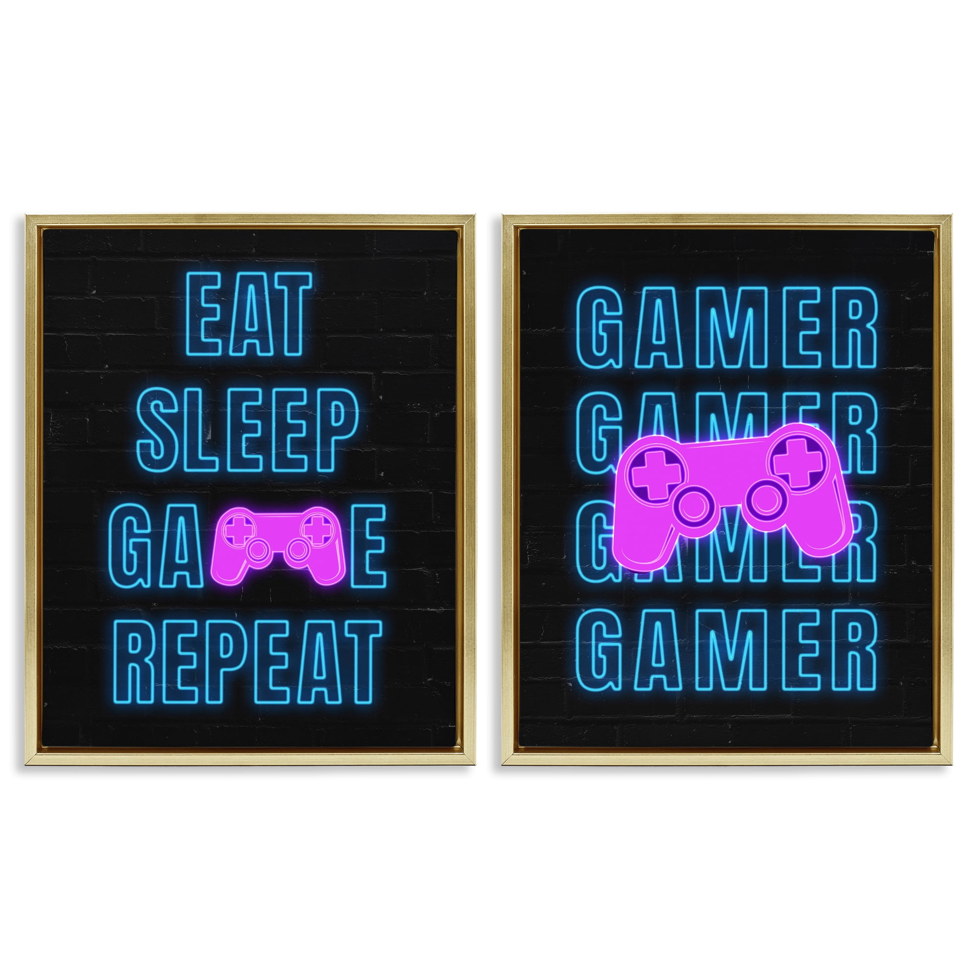 Stupell Industries Neon Gamer Eat Sleep Entertainment Painting Gold Floater Framed Canvas Art Print Wall Art, 31 x 25, Set of 2