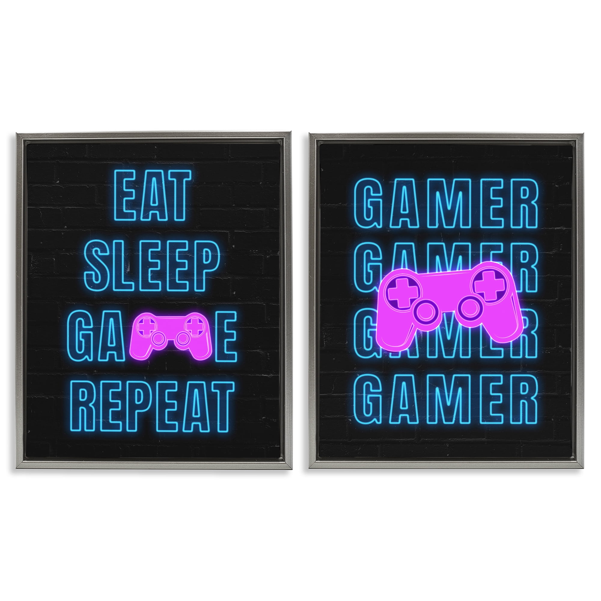 Stupell Industries Neon Gamer Eat Sleep Entertainment Painting Gray Floater Framed Canvas Art Print Wall Art, 31 x 25, Set of 2