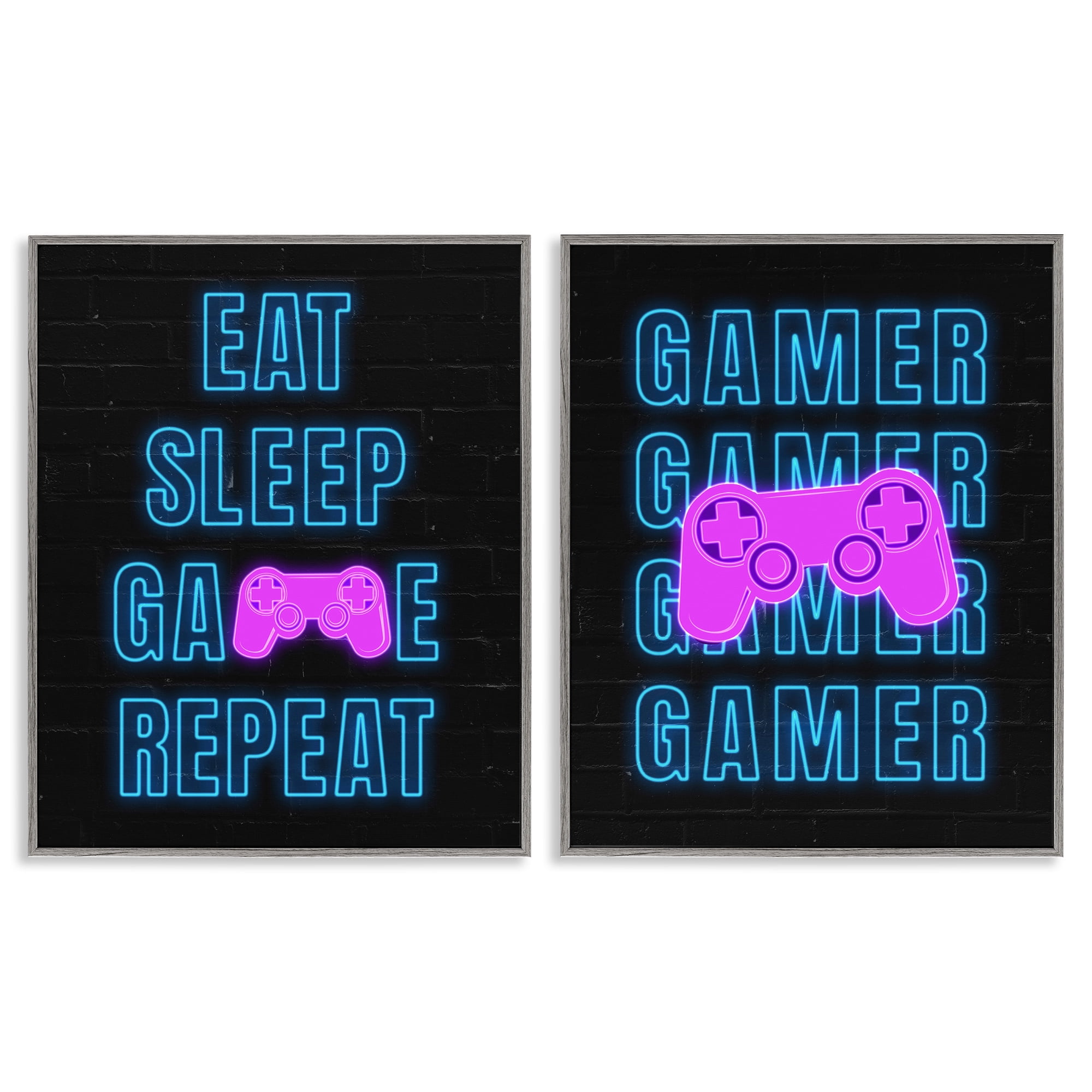 Stupell Industries Neon Gamer Eat Sleep Entertainment Painting Gray Framed Art Print Wall Art, 11 x 14, Set of 2