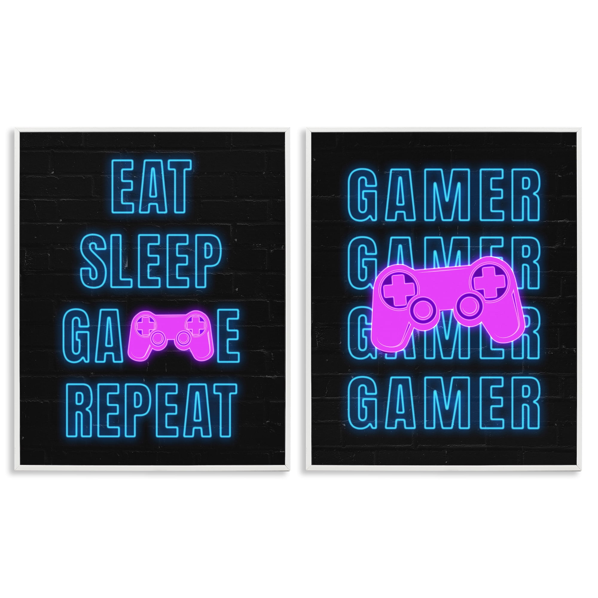 Stupell Industries Neon Gamer Eat Sleep Entertainment Painting White Framed Art Print Wall Art, 11 x 14, Set of 2