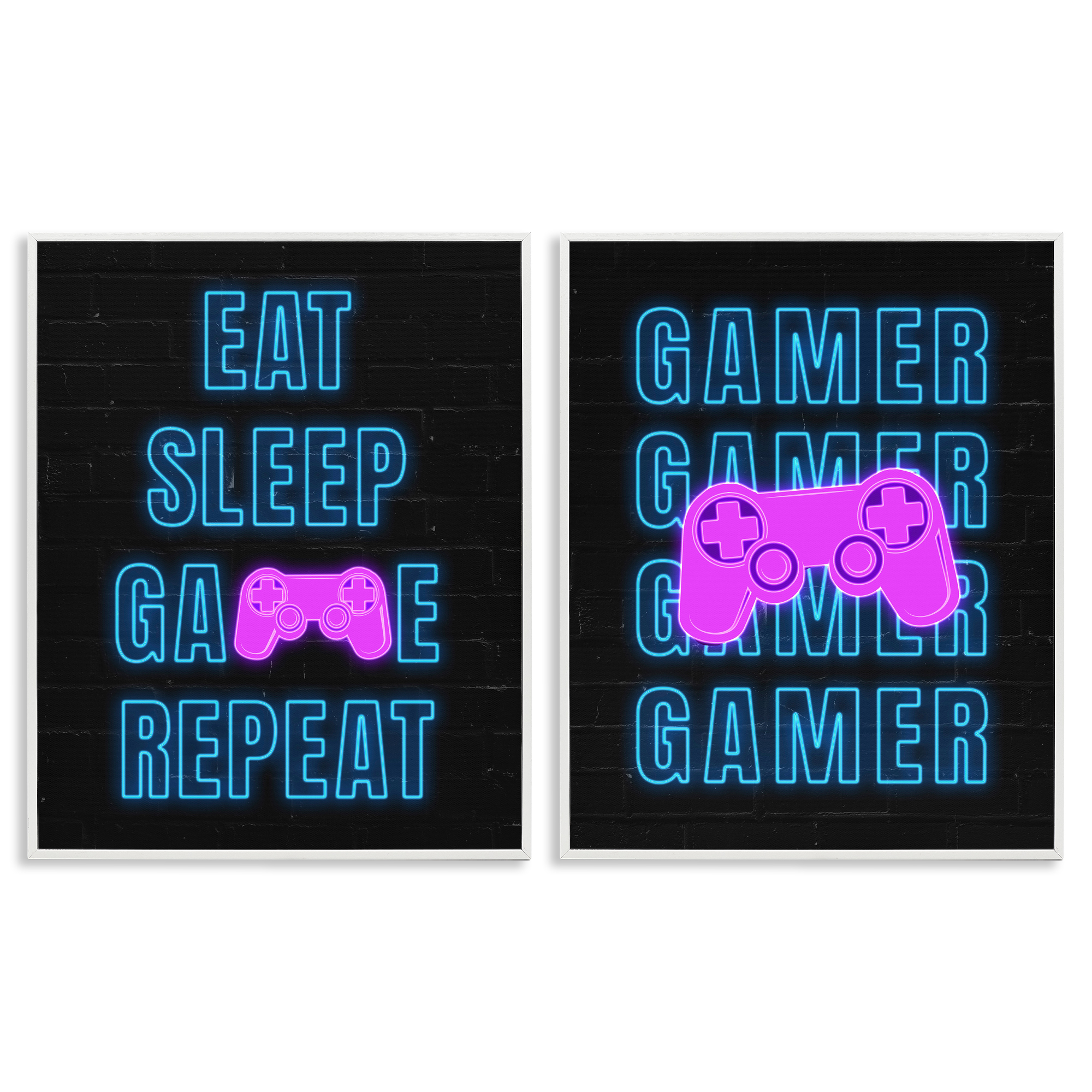Stupell Industries Neon Gamer Eat Sleep Entertainment Painting White Framed Art Print Wall Art, 24 x 30, Set of 2