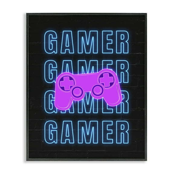 Stupell Industries Neon Gamer Words Typography Painting Black Framed Art Print Wall Art, 11 x 14