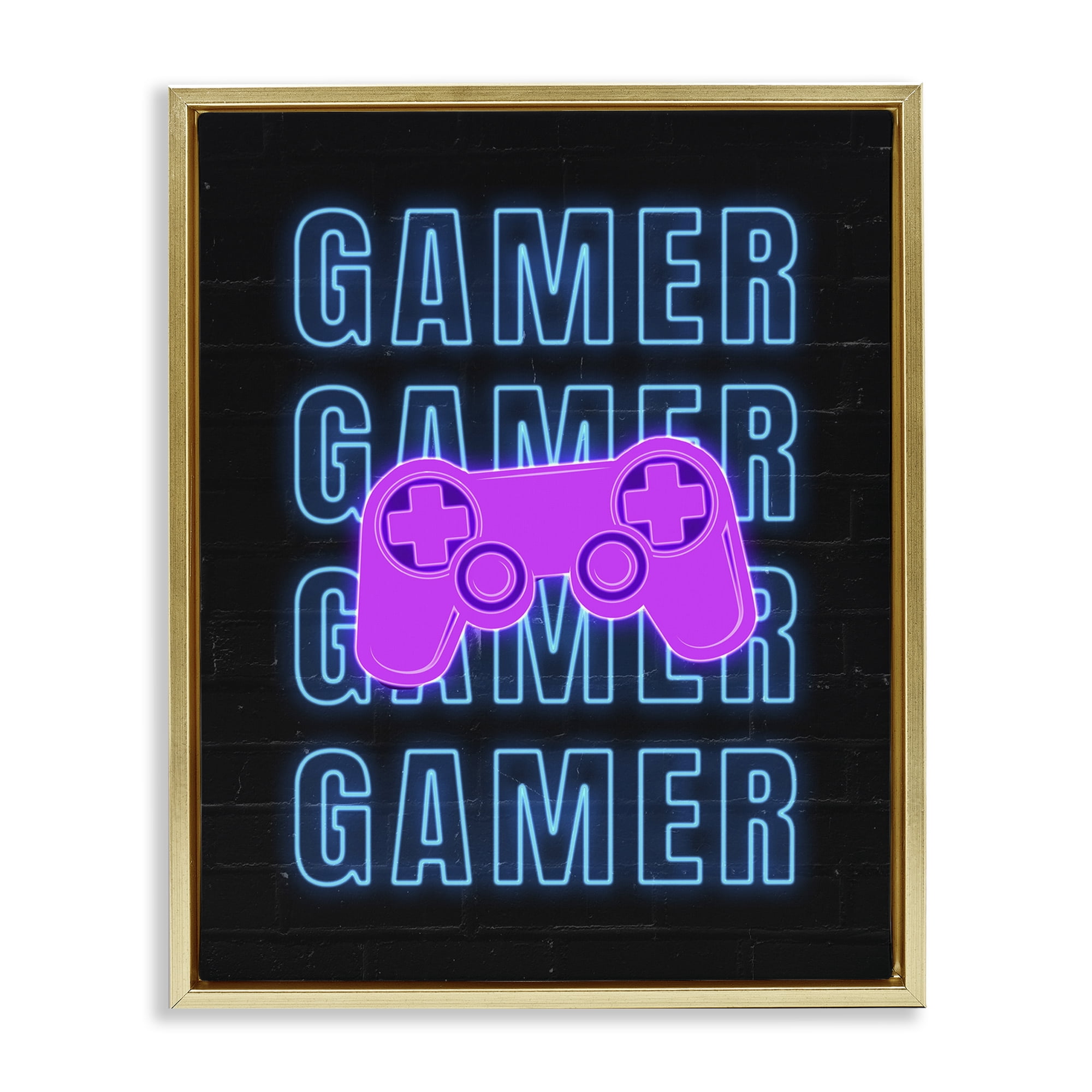 Stupell Industries Neon Gamer Words Typography Painting Gold Floater Framed Art Print Wall Art, 25 x 31