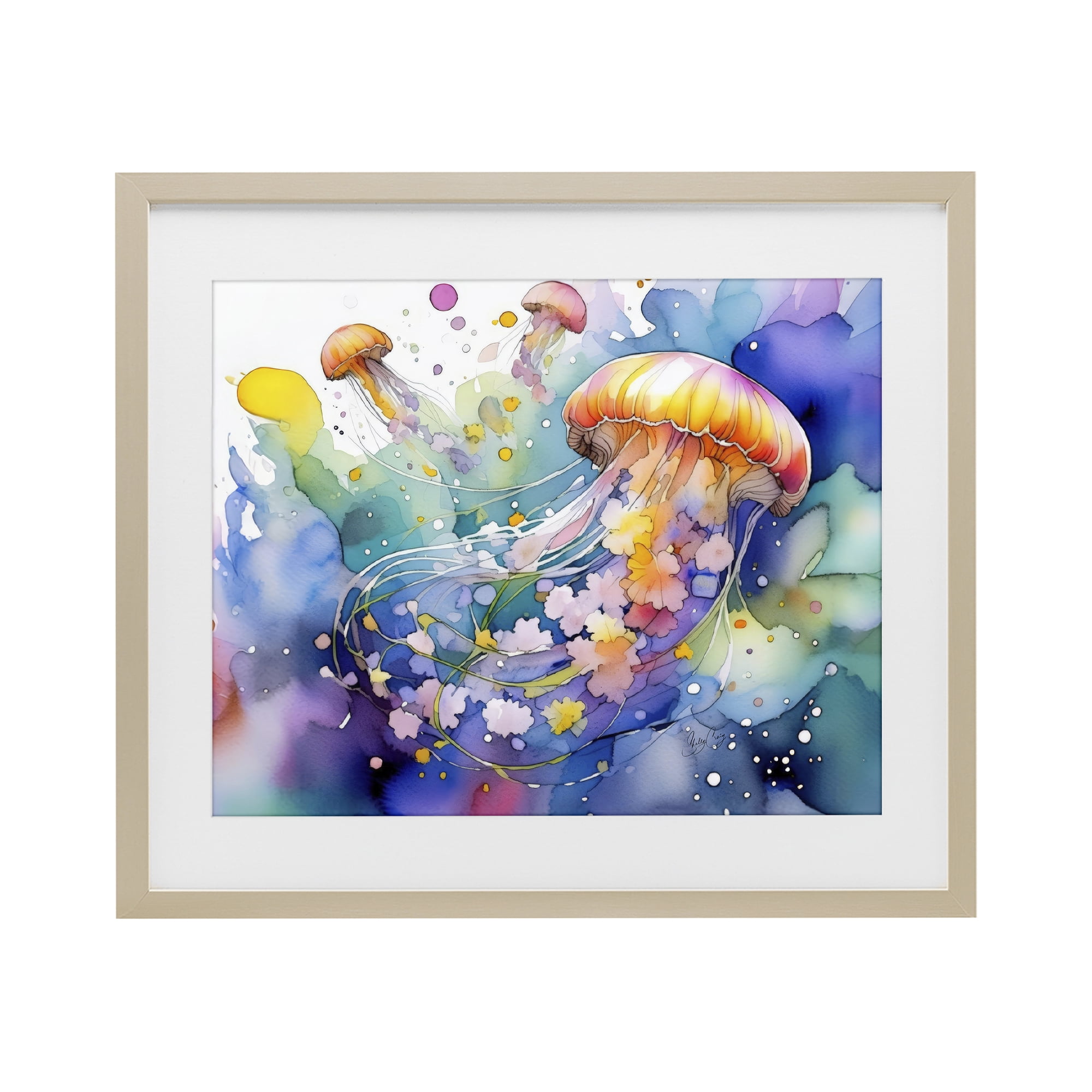 Stupell Industries Neon Jellyfish Underwater Birch Framed Print Under Glass, design by Shelly Craig