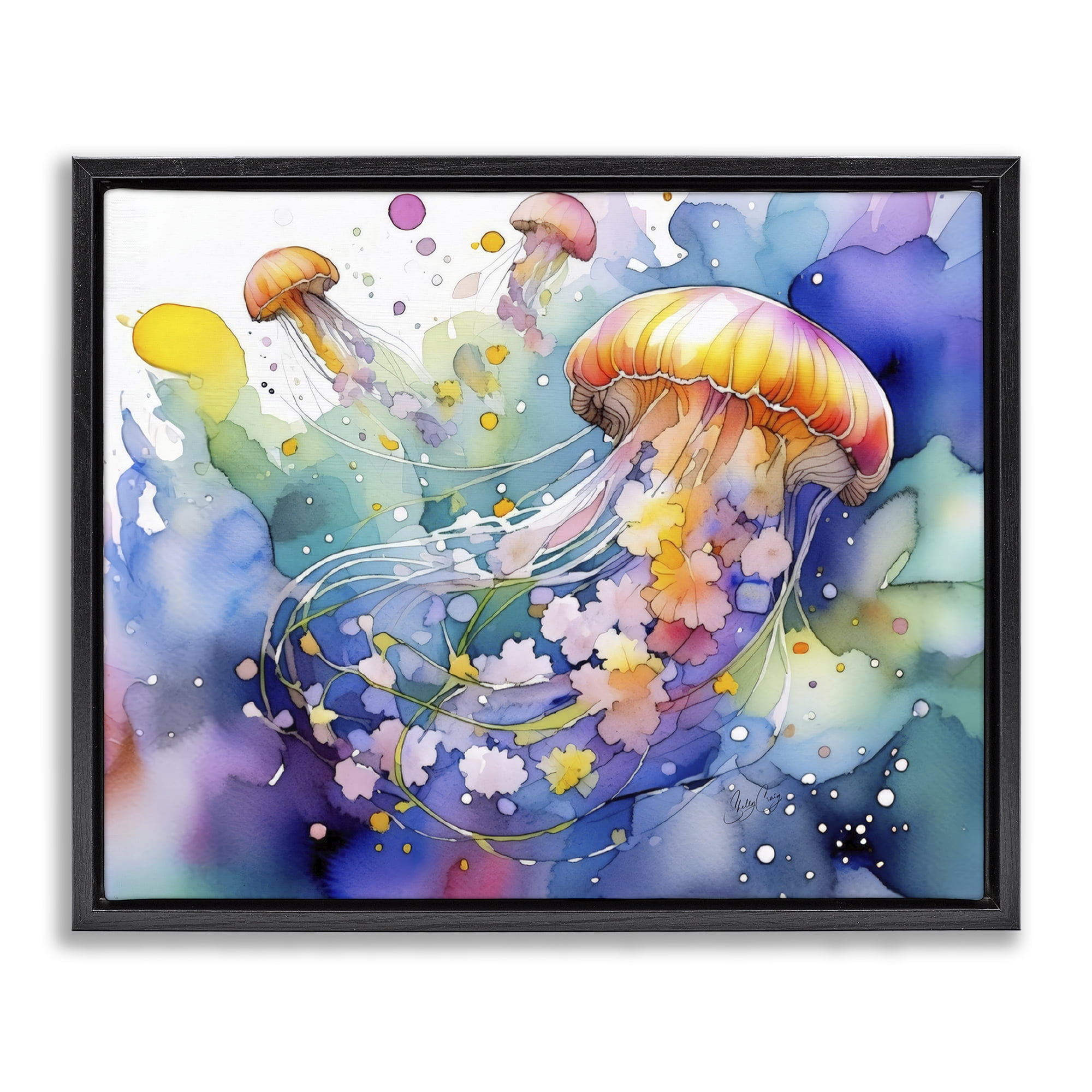 Stupell Industries Neon Jellyfish Underwater Black Framed Floater Canvas Wall Art, design by Shelly Craig