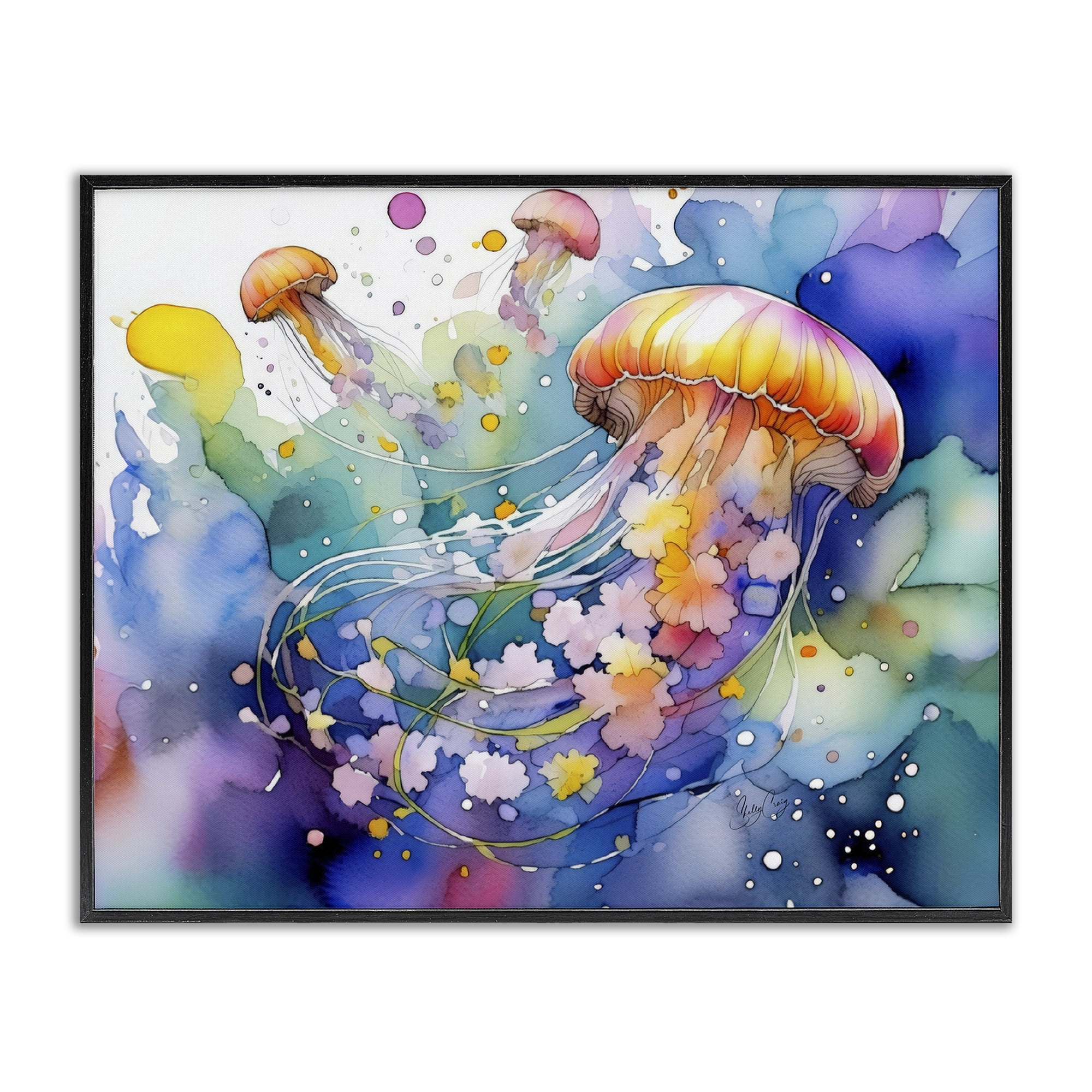 Stupell Industries Neon Jellyfish Underwater Black Framed Giclee Art, design by Shelly Craig