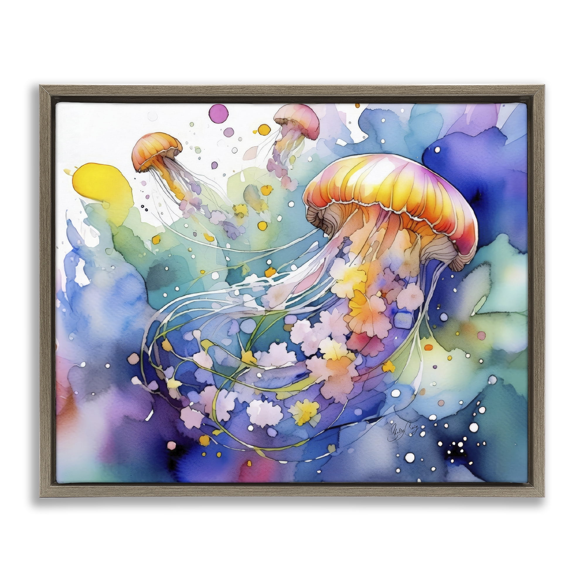 Stupell Industries Neon Jellyfish Underwater Brown Framed Floater Canvas Wall Art, design by Shelly Craig