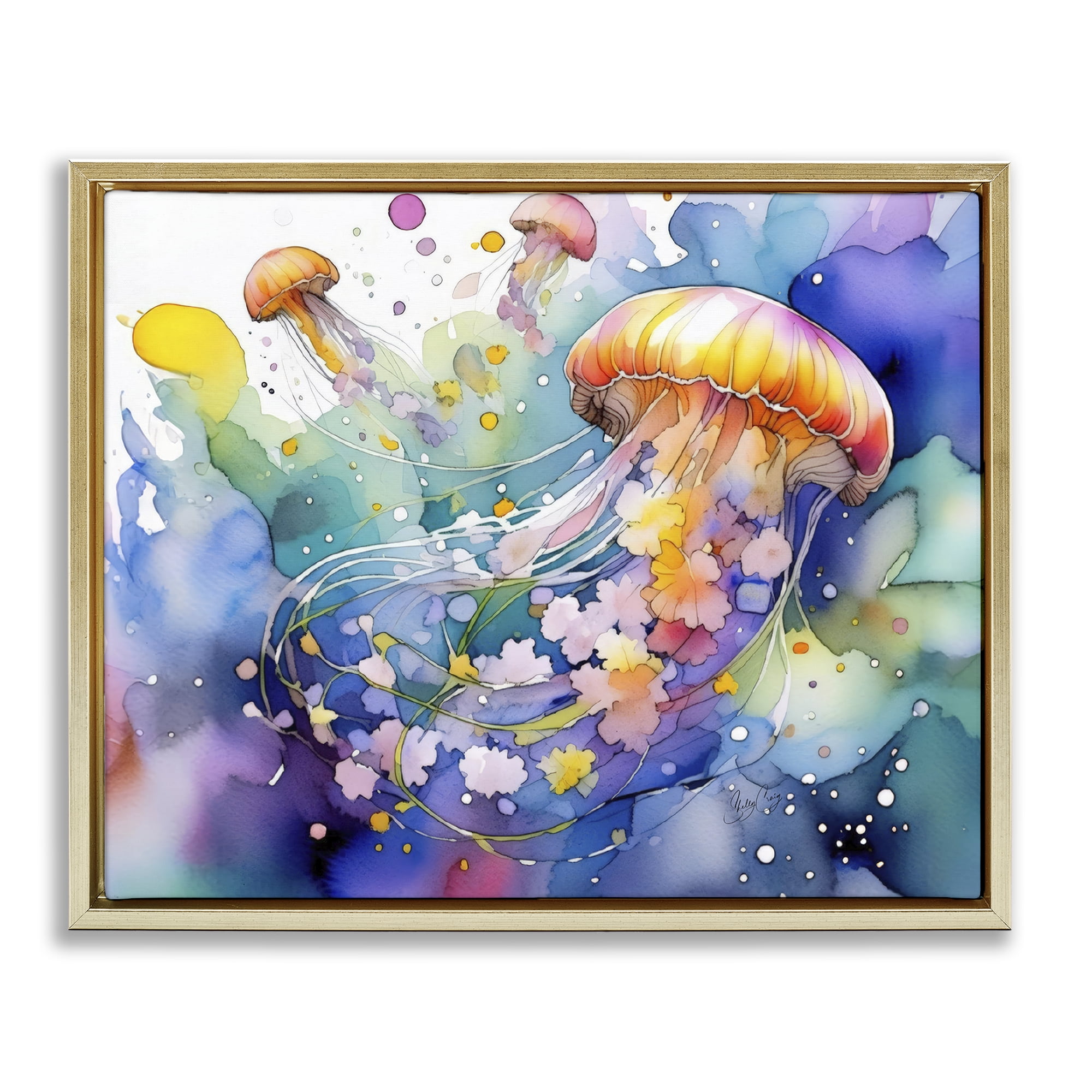 Stupell Industries Neon Jellyfish Underwater Gold Framed Floater Canvas Wall Art, design by Shelly Craig