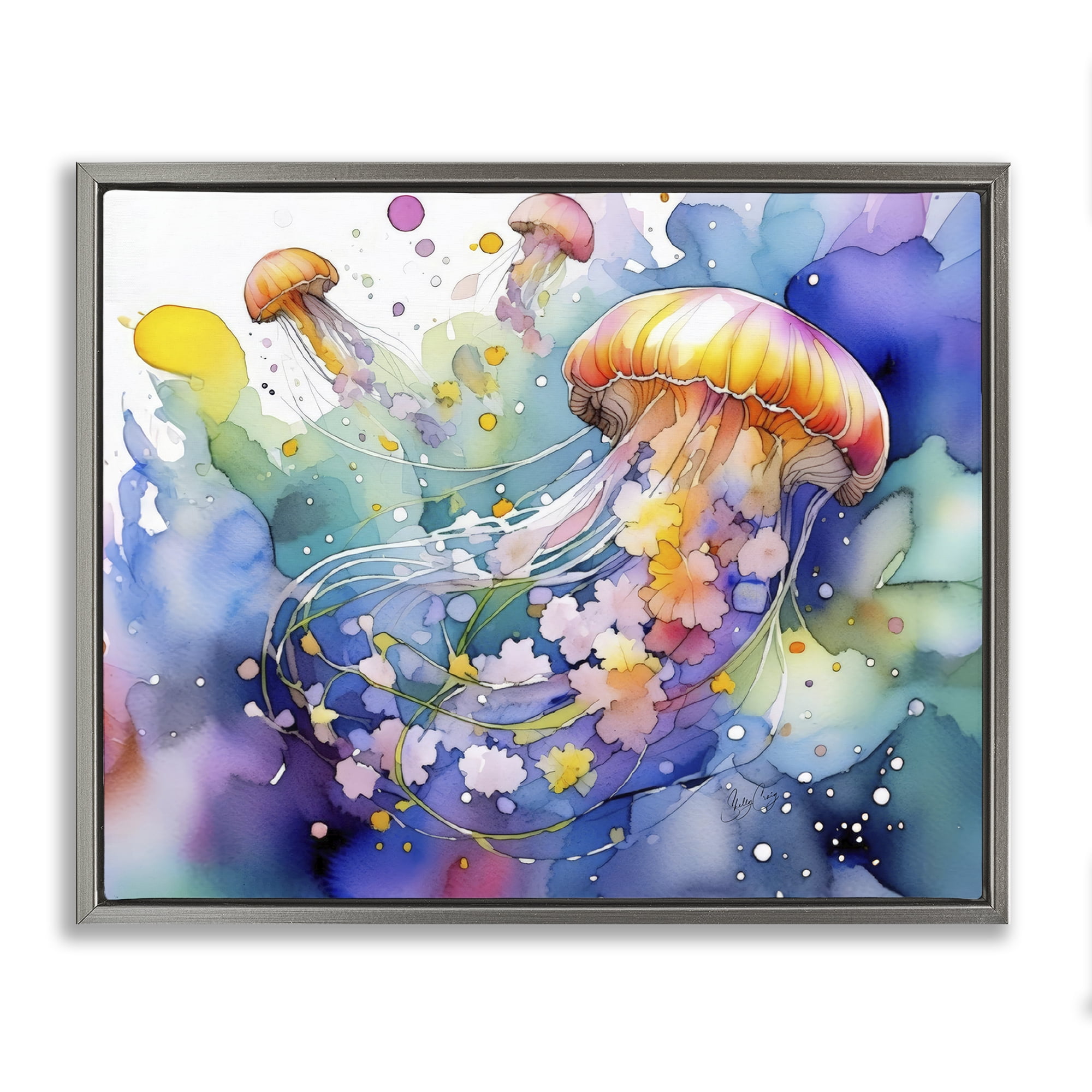 Stupell Industries Neon Jellyfish Underwater Gray Framed Floater Canvas Wall Art, design by Shelly Craig