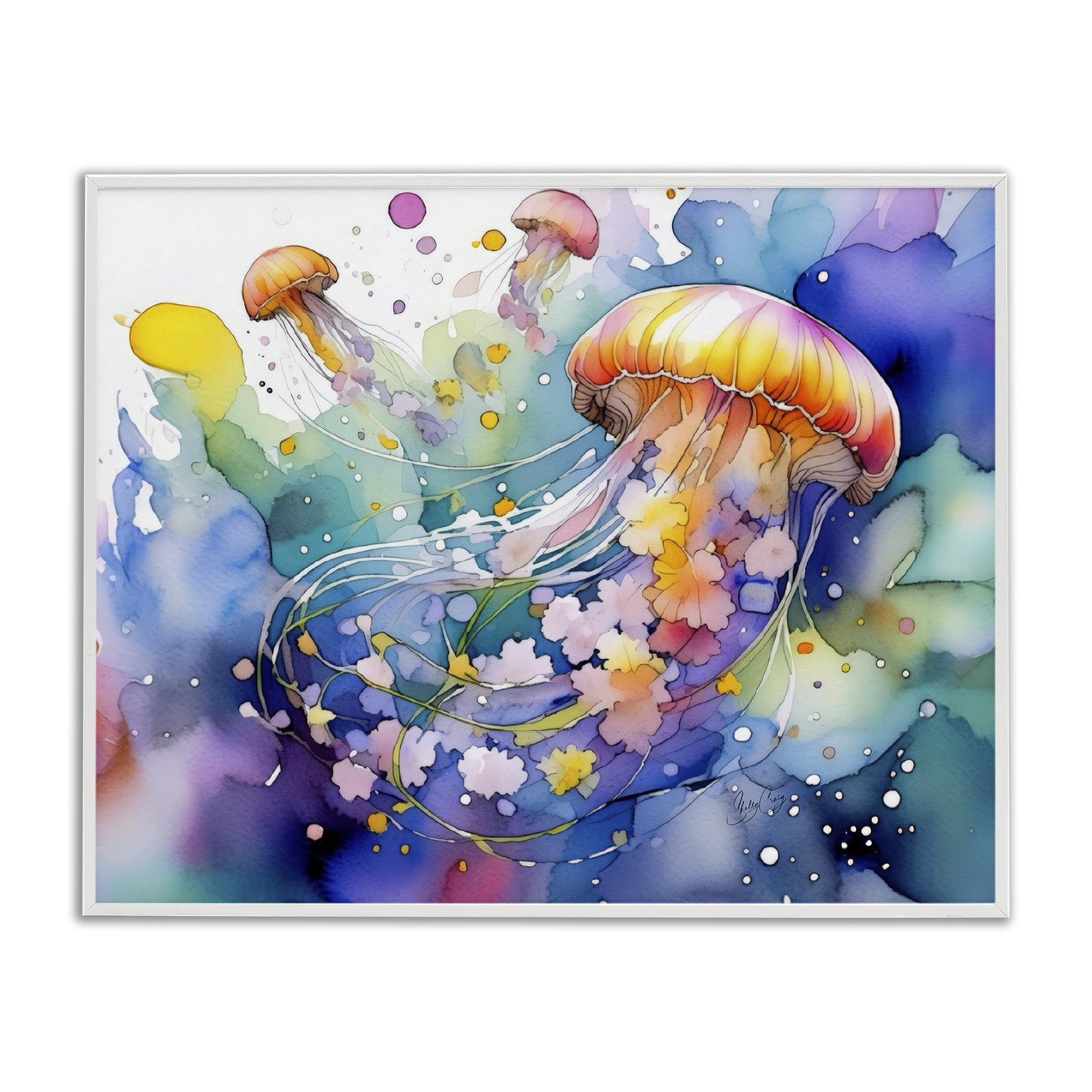 Stupell Industries Neon Jellyfish Underwater White Framed Giclee Art, design by Shelly Craig