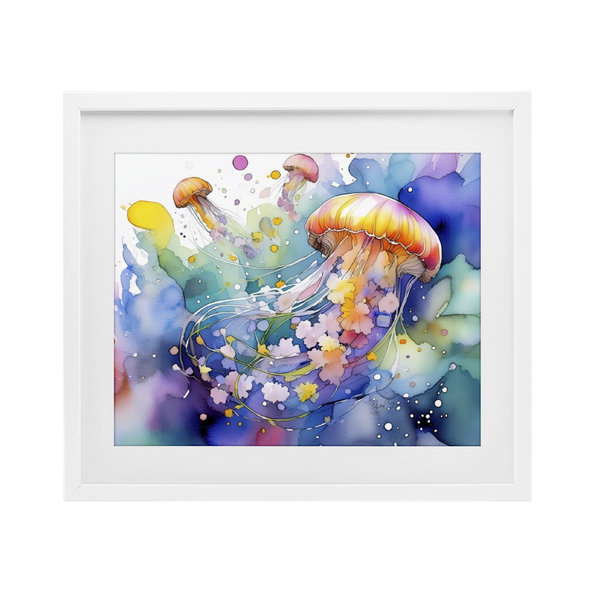 Stupell Industries Neon Jellyfish Underwater White Framed Print Under Glass, design by Shelly Craig