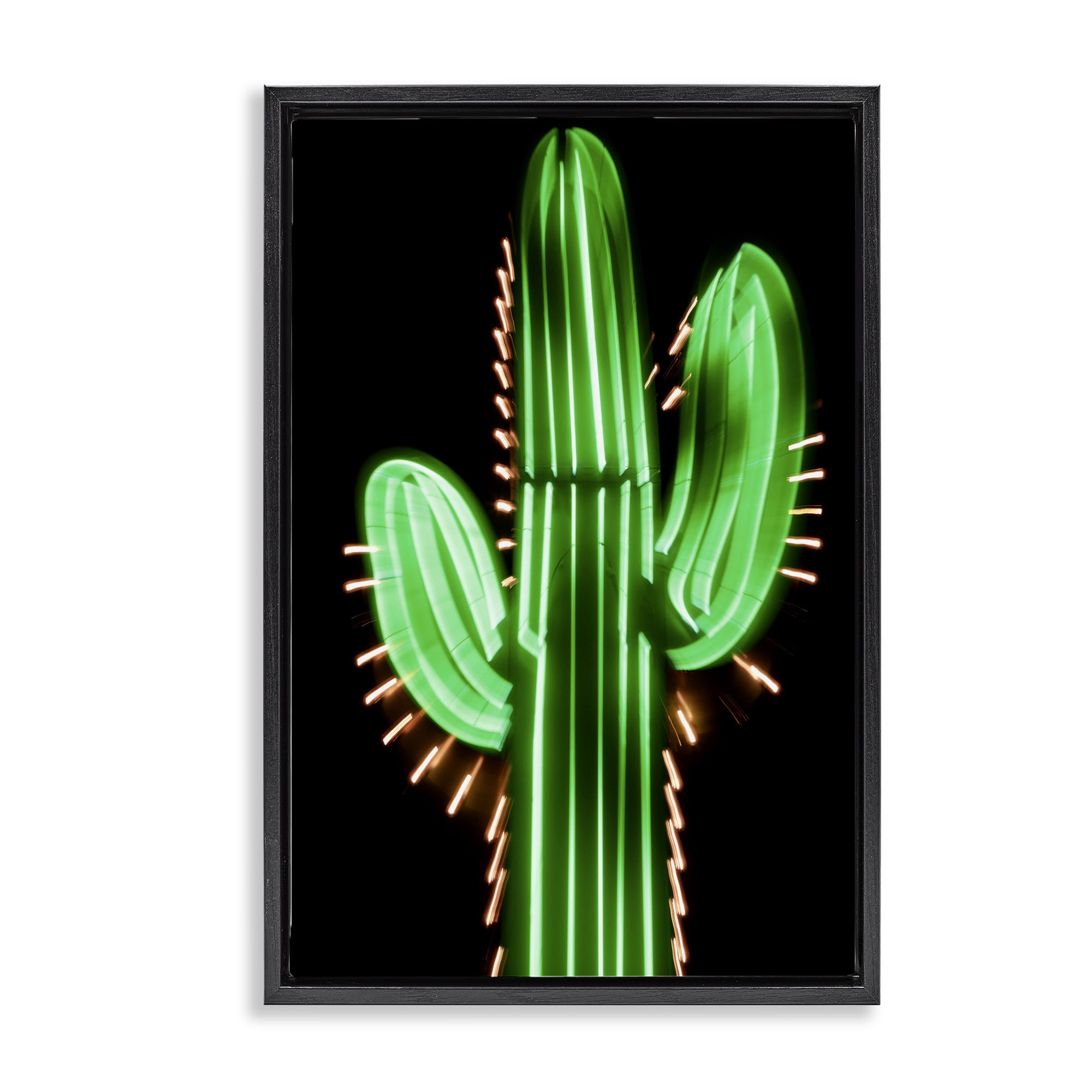 Stupell Industries Neon Lights Cactus Botanical & Floral Painting Black Floater Framed Canvas Art Print Wall Art, 21 x 31