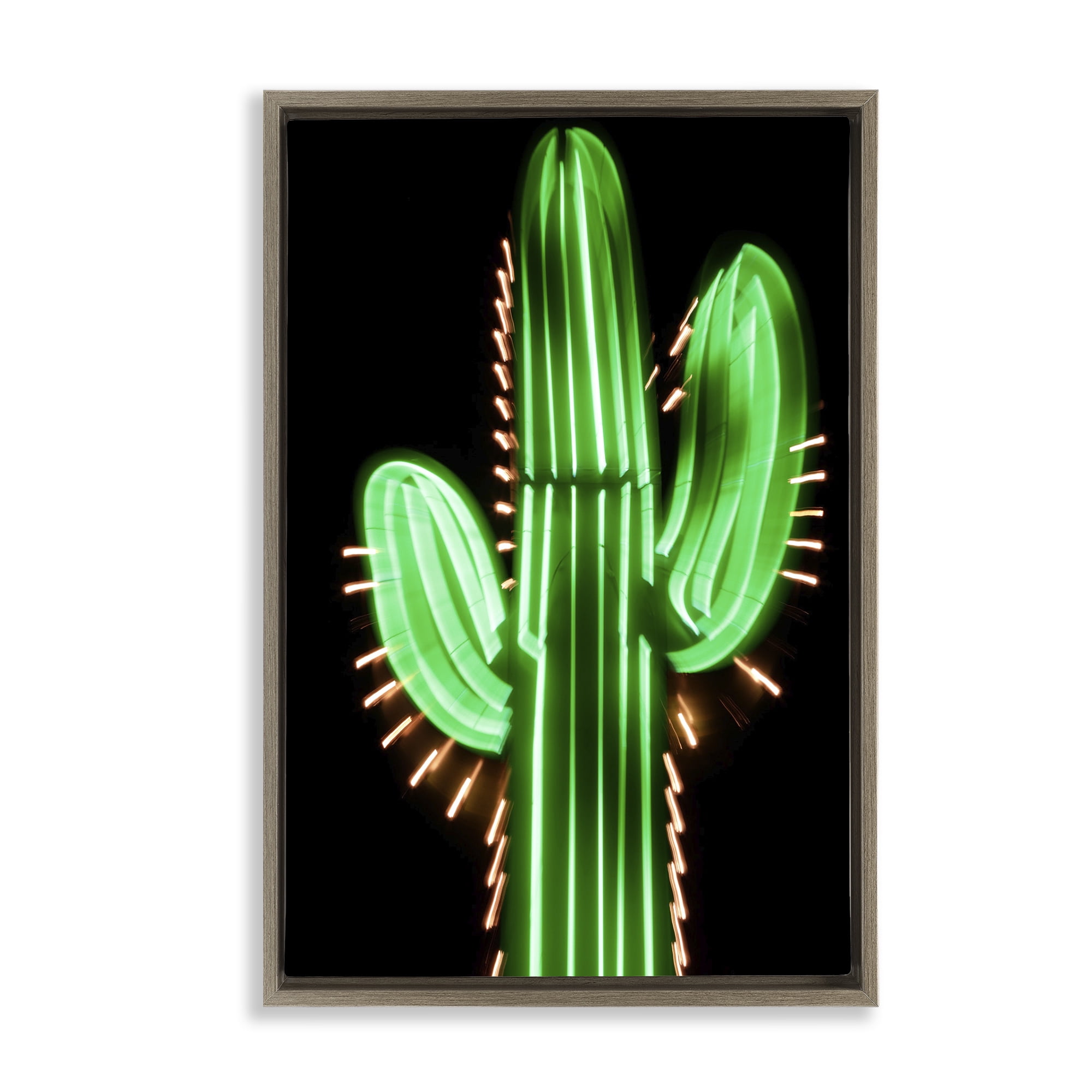 Stupell Industries Neon Lights Cactus Botanical & Floral Painting Brown Floater Framed Canvas Art Print Wall Art, 21 x 31