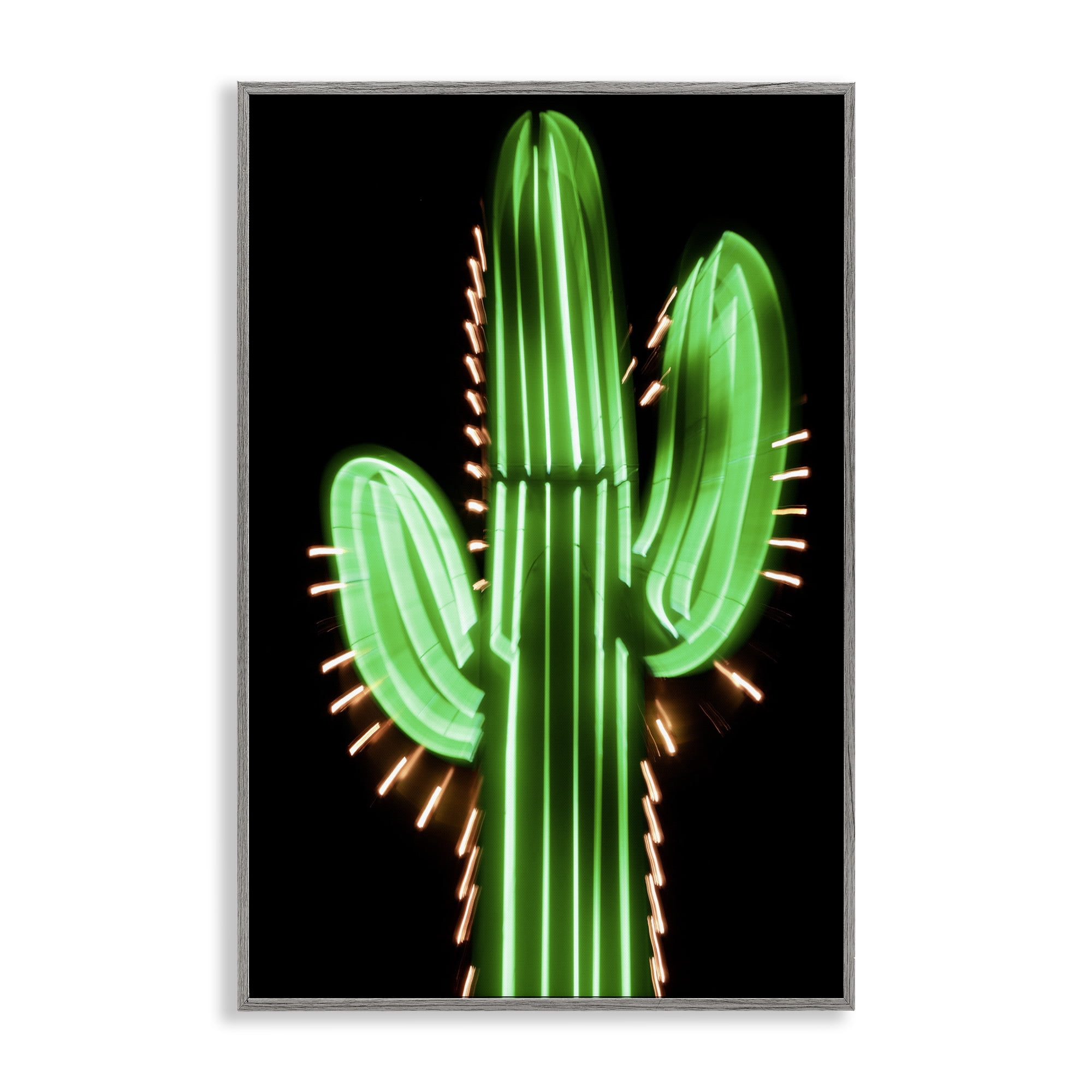 Stupell Industries Neon Lights Cactus Botanical & Floral Painting Gray Framed Art Print Wall Art, 16 x 24