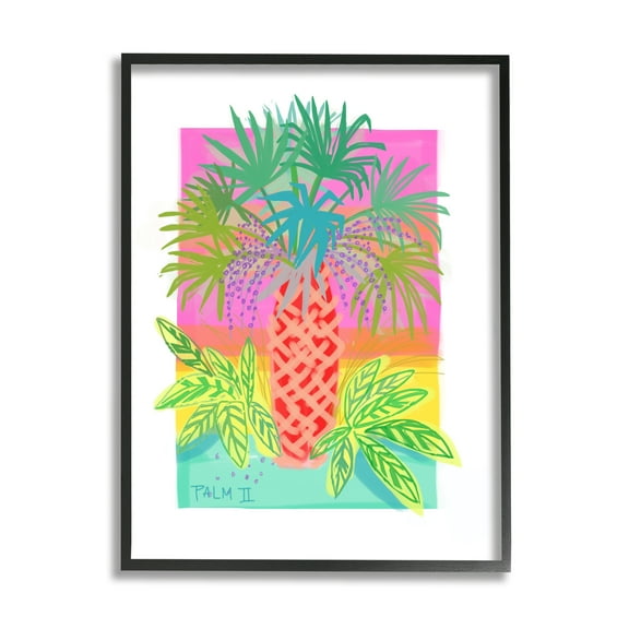 Stupell Industries Neon Palm Tree Botanicals Tropical Coastal Leaves Graphic Art Black Framed Art Print Wall Art, Design by unknown
