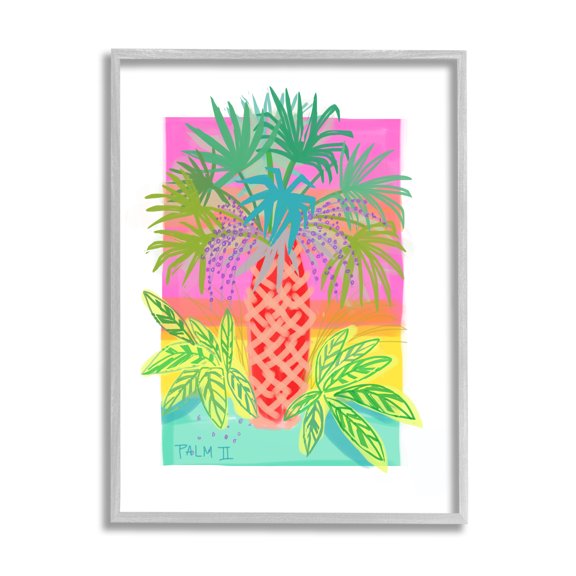 Stupell Industries Neon Palm Tree Botanicals Tropical Coastal Leaves Graphic Art Gray Framed Art Print Wall Art, Design by unknown