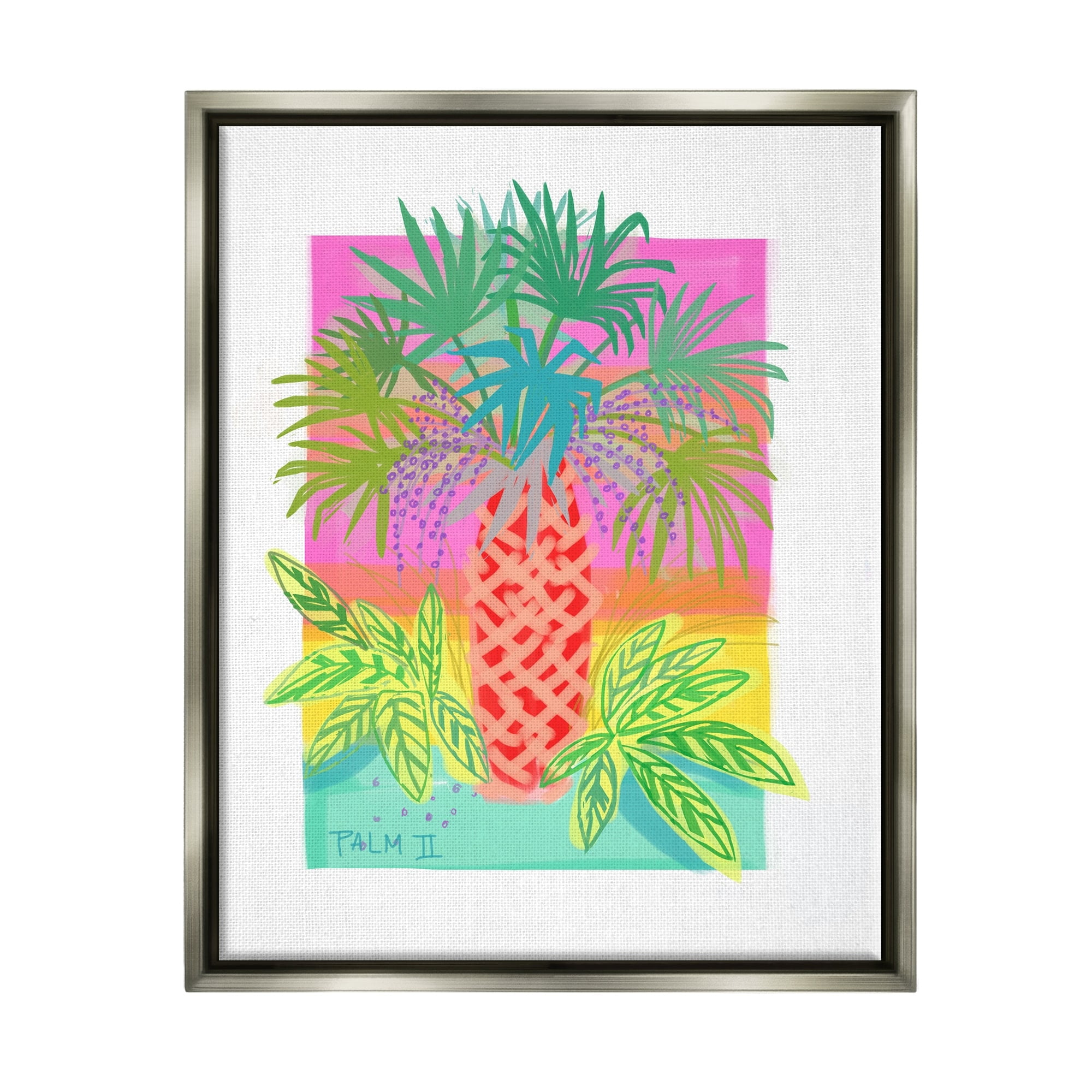 Stupell Industries Neon Palm Tree Botanicals Tropical Coastal Leaves Graphic Art Luster Gray Floating Framed Canvas Print Wall Art, Design by unknown