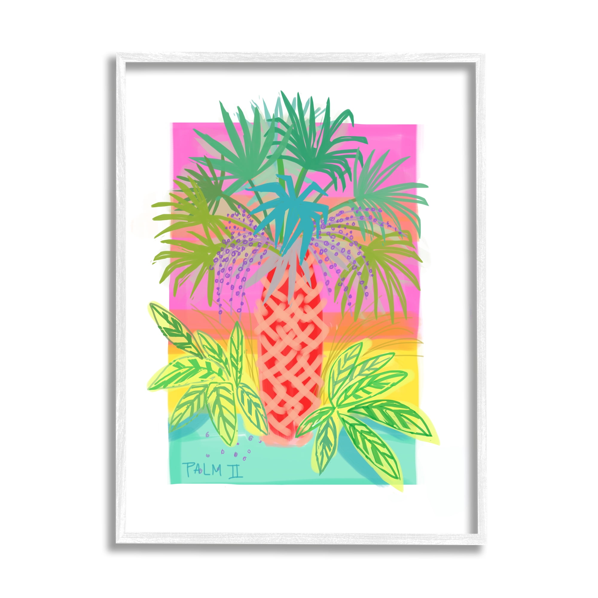 Stupell Industries Neon Palm Tree Botanicals Tropical Coastal Leaves Graphic Art White Framed Art Print Wall Art, Design by unknown