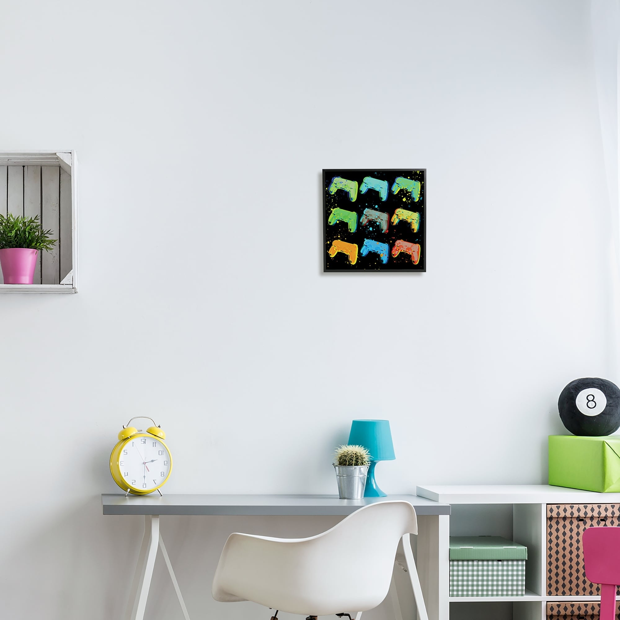 Stupell Industries Neon Pop Style Gaming Controllers Paint Splatter Graphic Art Black Framed Art Print Wall Art, Design by Daphne Polselli