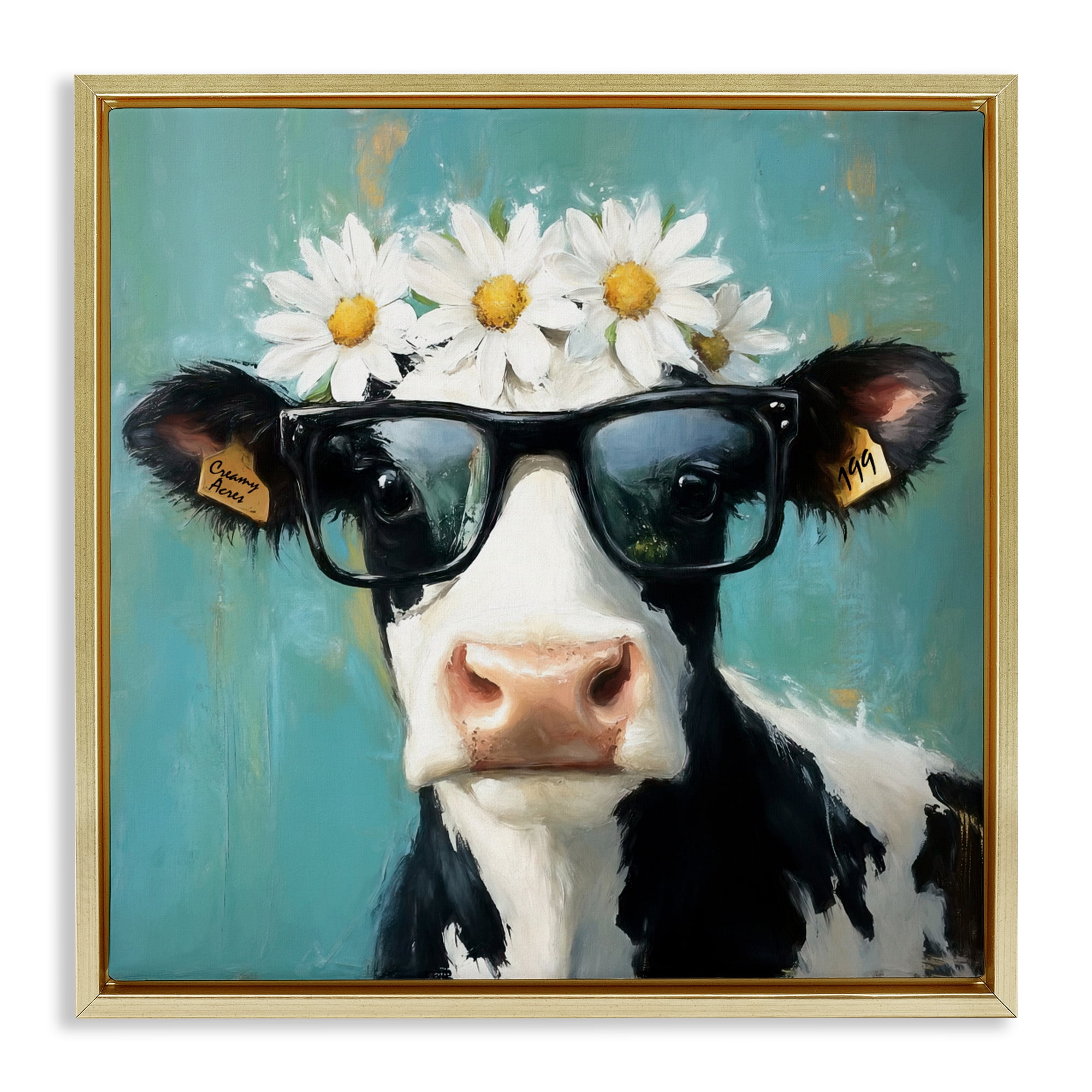 Stupell Industries Nerdy Nessie Cow Gold Framed Floater Canvas Wall Art, design by Tina LeCour