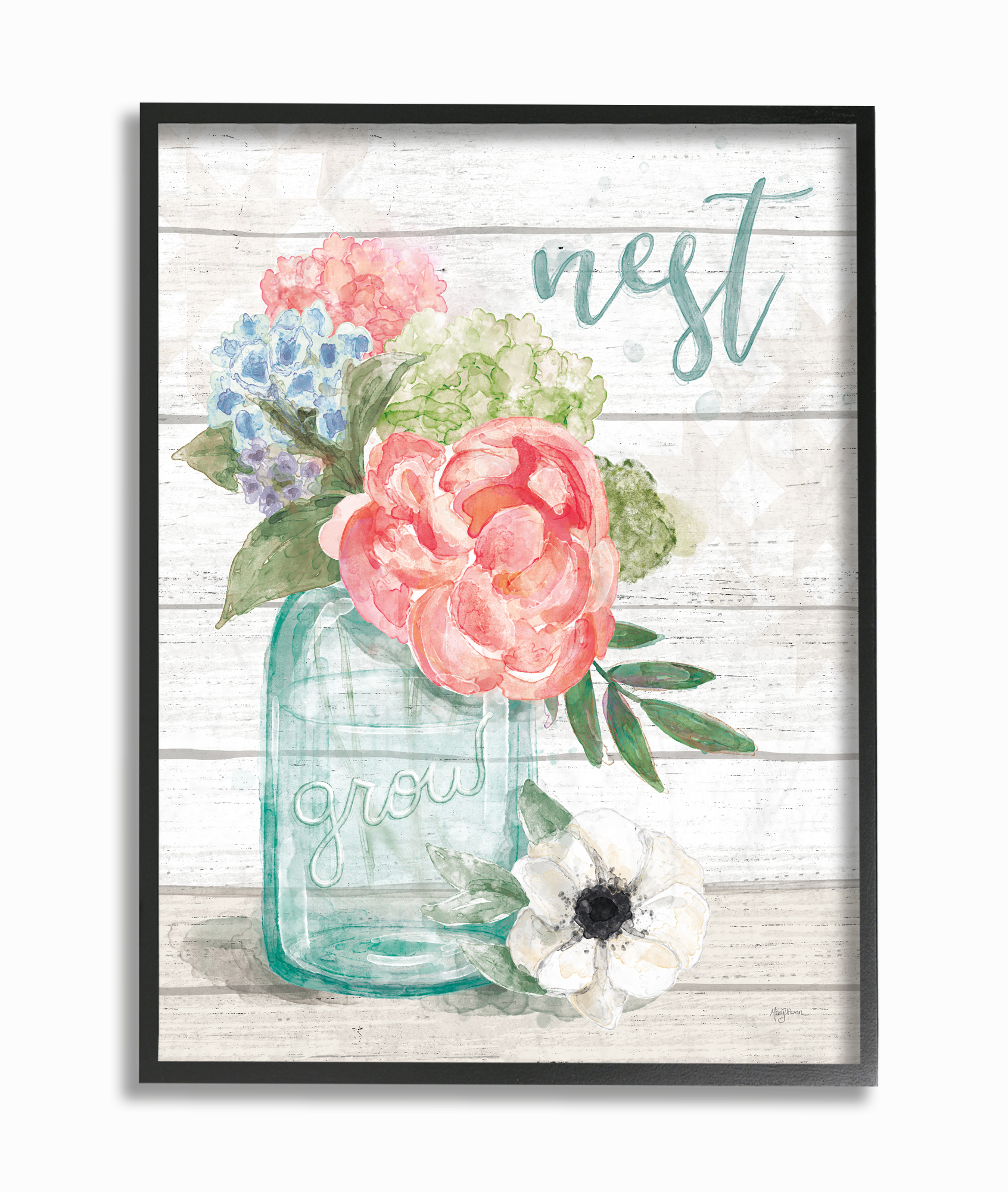 Stupell Industries Nest Grow Flower Jar Rustic Wood Textured Word Design Framed Wall Art by Mary Urban, 11" x 14", Black Framed