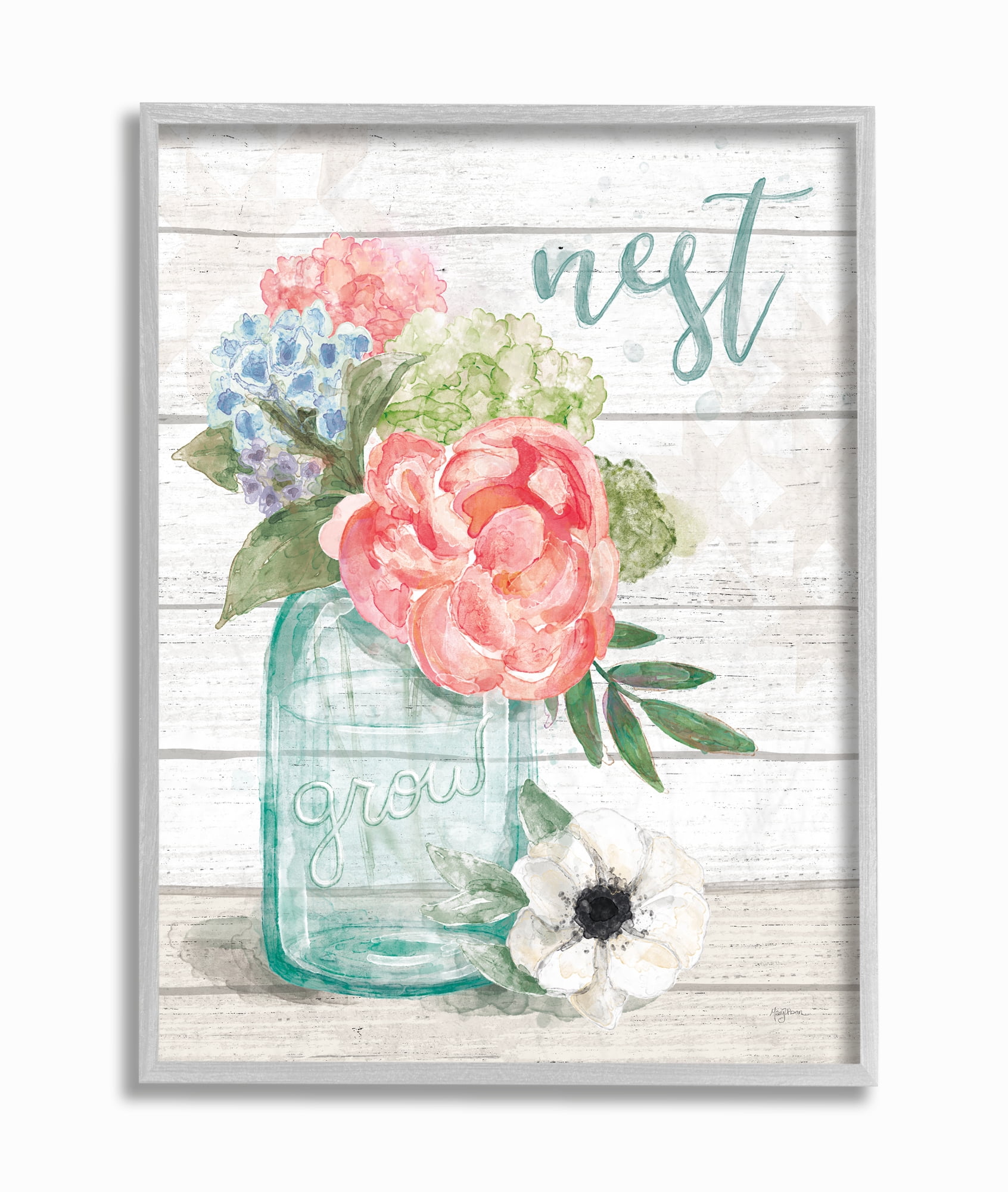 Stupell Industries Nest Grow Flower Jar Rustic Wood Textured Word Design Framed Wall Art by Mary Urban