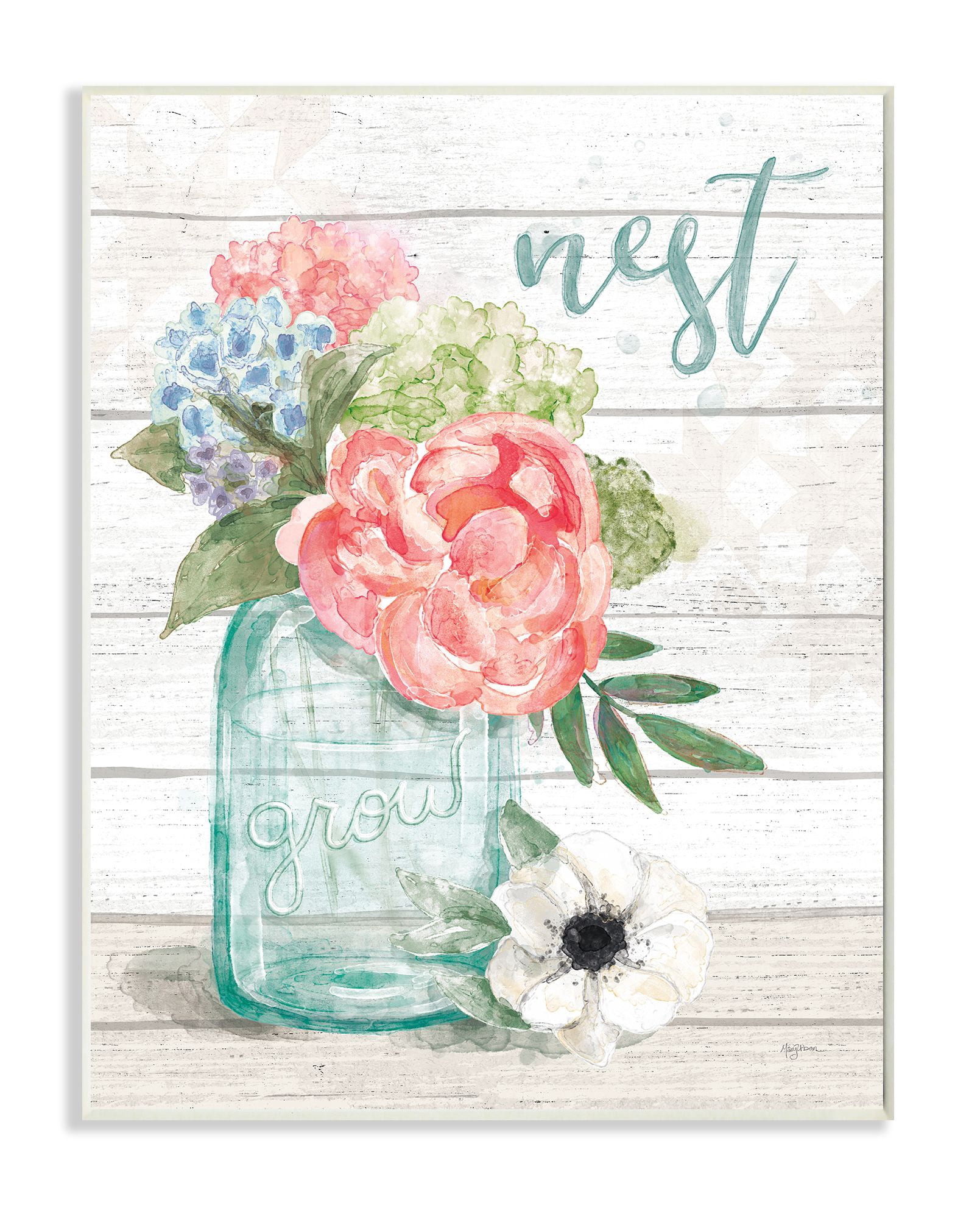 Stupell Industries Nest Grow Flower Jar Rustic Wood Textured Word Design Graphic Art Unframed Art Print Wall Art, 13x19, by Mary Urban