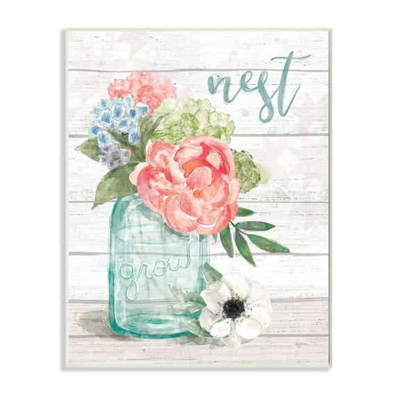 Stupell Industries Nest Grow Flower Jar Rustic Wood Textured Word Design Graphic Art Unframed Art Print Wall Art, 13x19, by Mary Urban