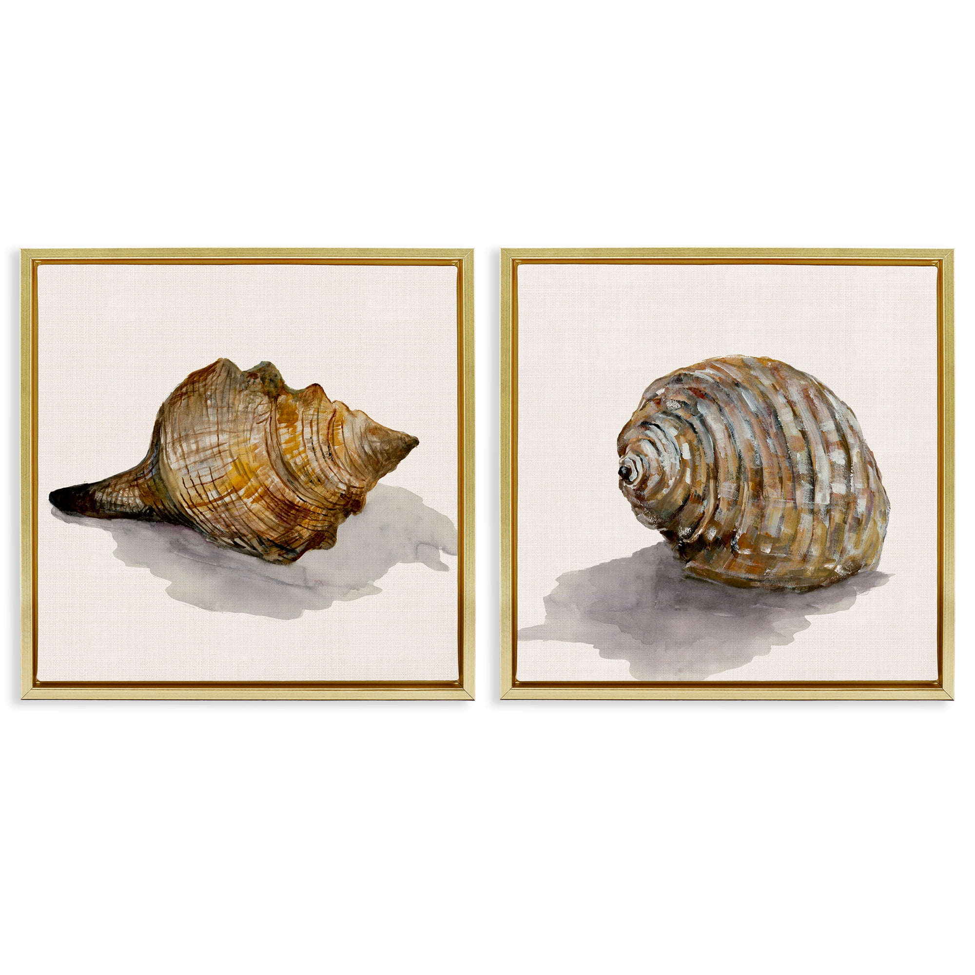 Stupell Industries Neutral Beach Shells Nautical & Beach Painting Gold Floater Framed Canvas Art Print Wall Art, 18 x 18, Set of 2