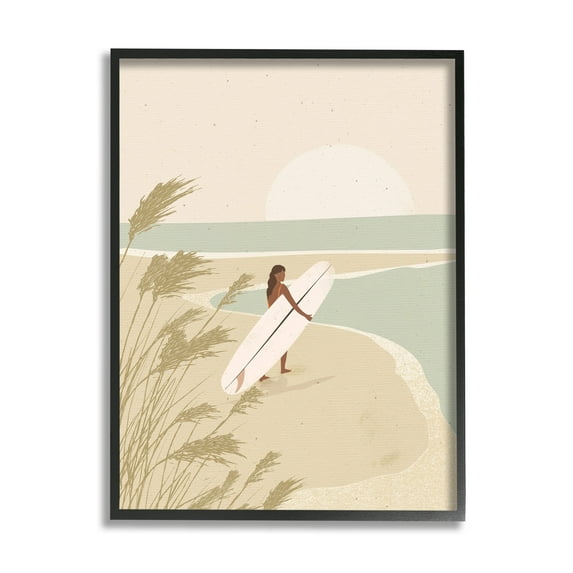 Stupell Industries Neutral Beach Sunset Surfing Woman Coastal Painting Black Framed Art Print Wall Art