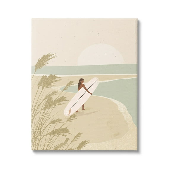 Stupell Industries Neutral Beach Sunset Surfing Woman Coastal Painting Gallery Wrapped Canvas Print Wall Art